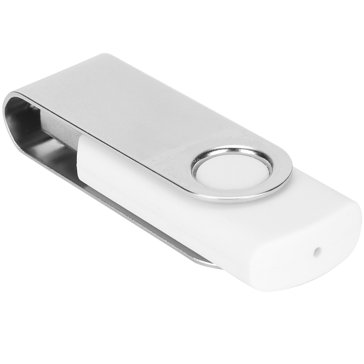 Ein silberner und weißer USB-Stick, schräg vor weißem Hintergrund.