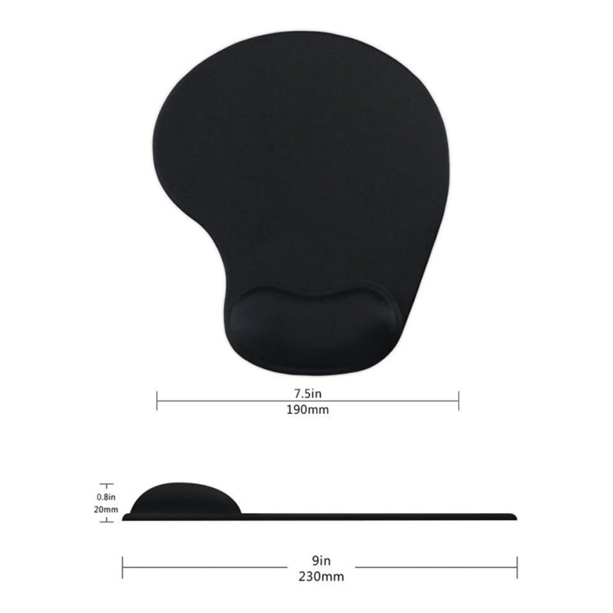 Ein schwarzes Mousepad mit Handballenauflage, mit Abmessungen in Zoll und Millimetern beschriftet.