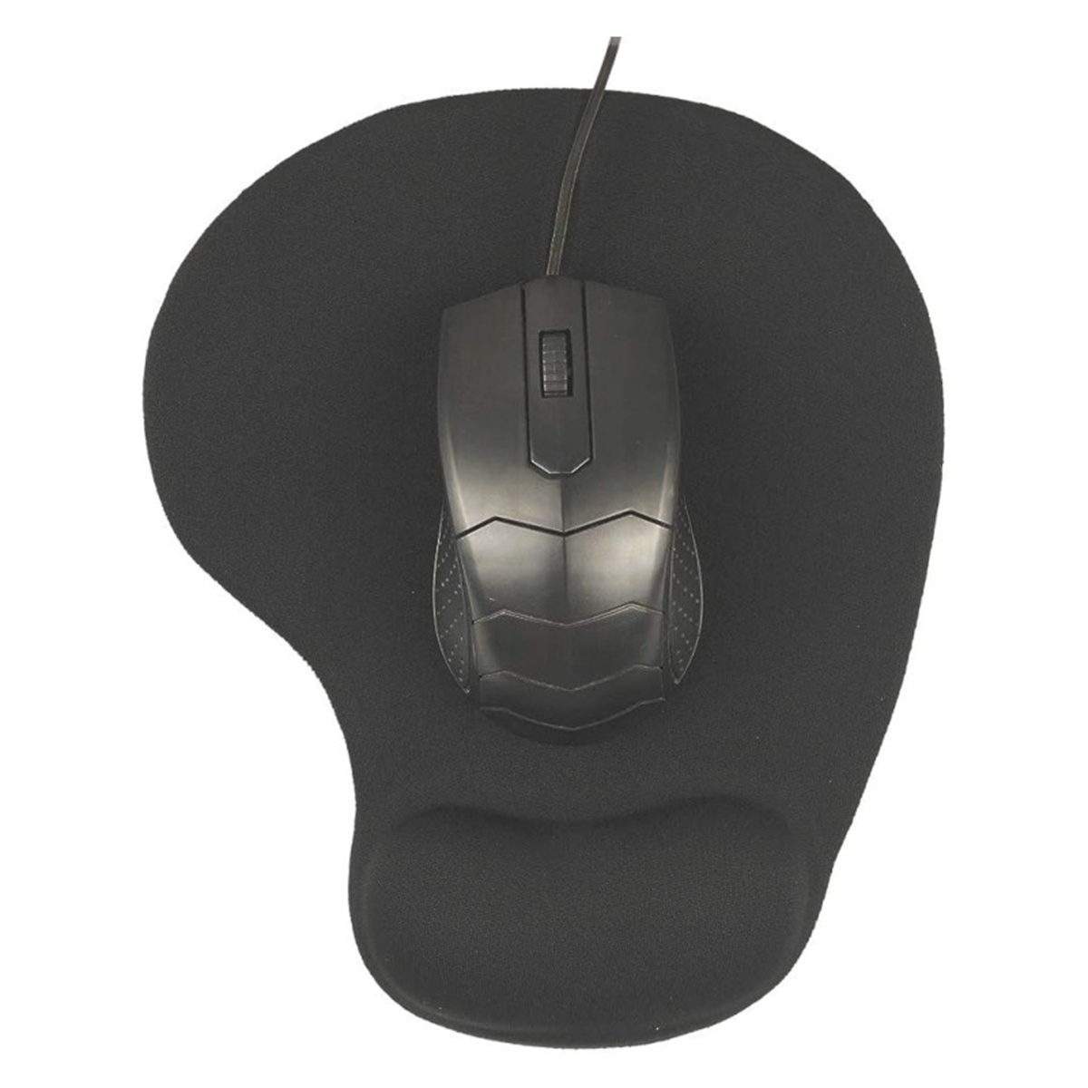 Eine schwarze Maus und ein schwarzes ergonomisches Mousepad mit Handballenauflage.
