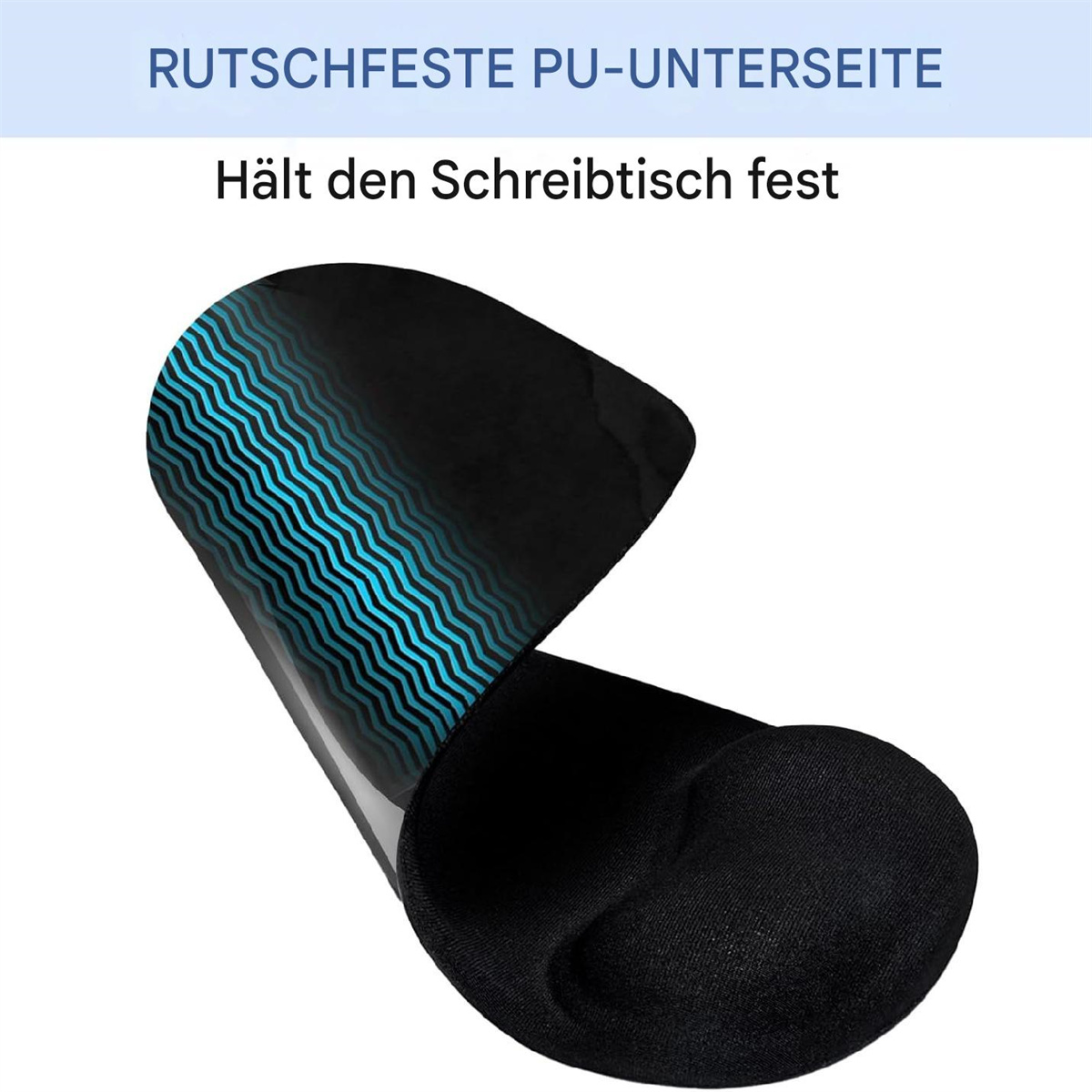 Schwarzes ergonomisches Mauspads mit blauem Wellenmuster.