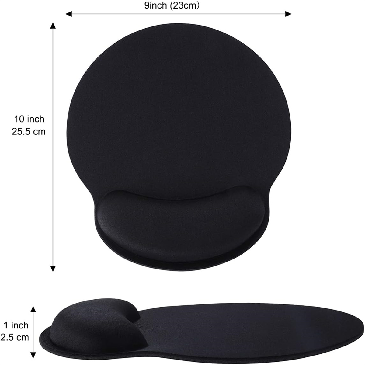 Schwarzes Mousepad mit Handballenauflage. Abmessungen sind in Zoll und cm angegeben.