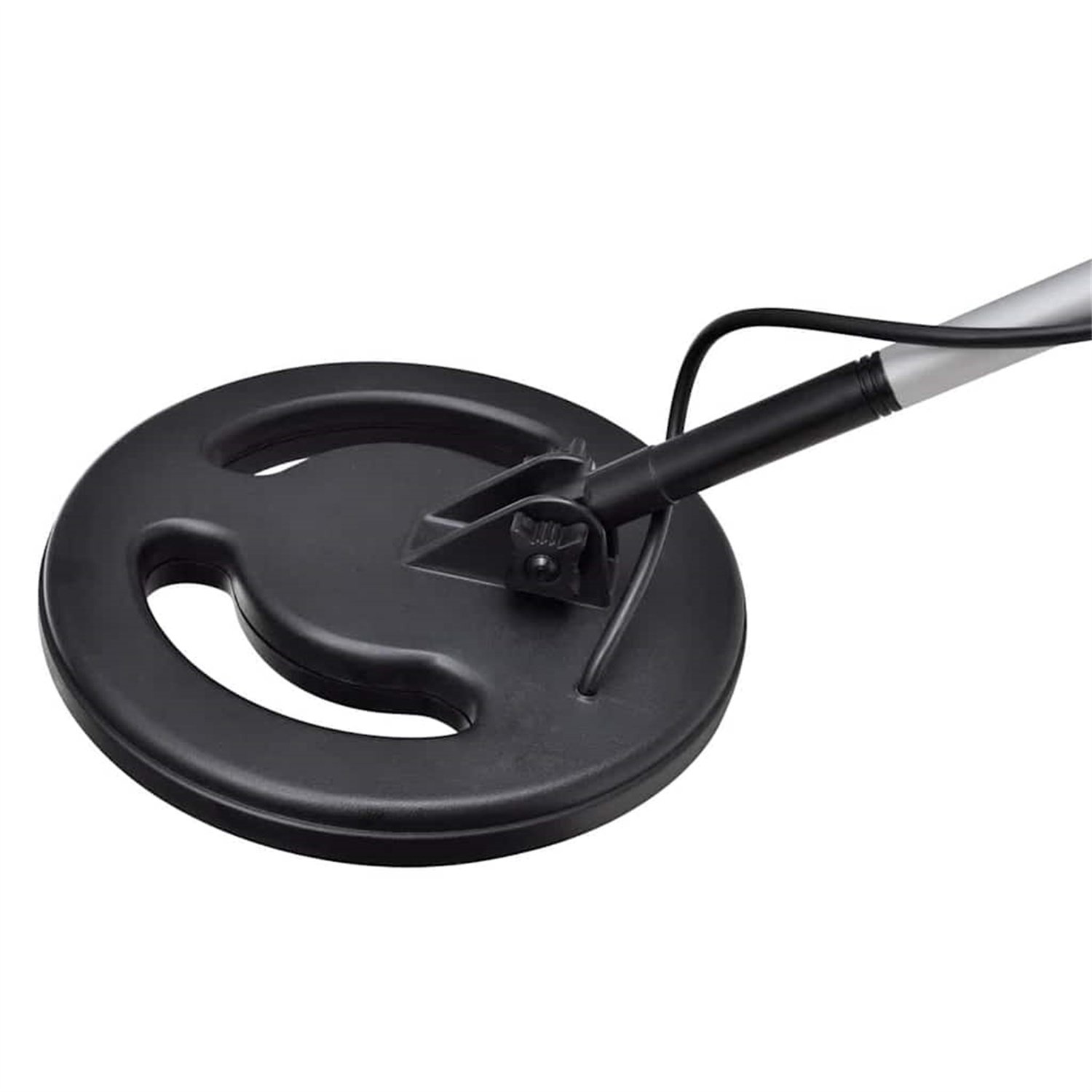 Suchspule und Griff eines Metalldetektors. Die Spule ist schwarz, der Griff hat eine silberne Farbe.