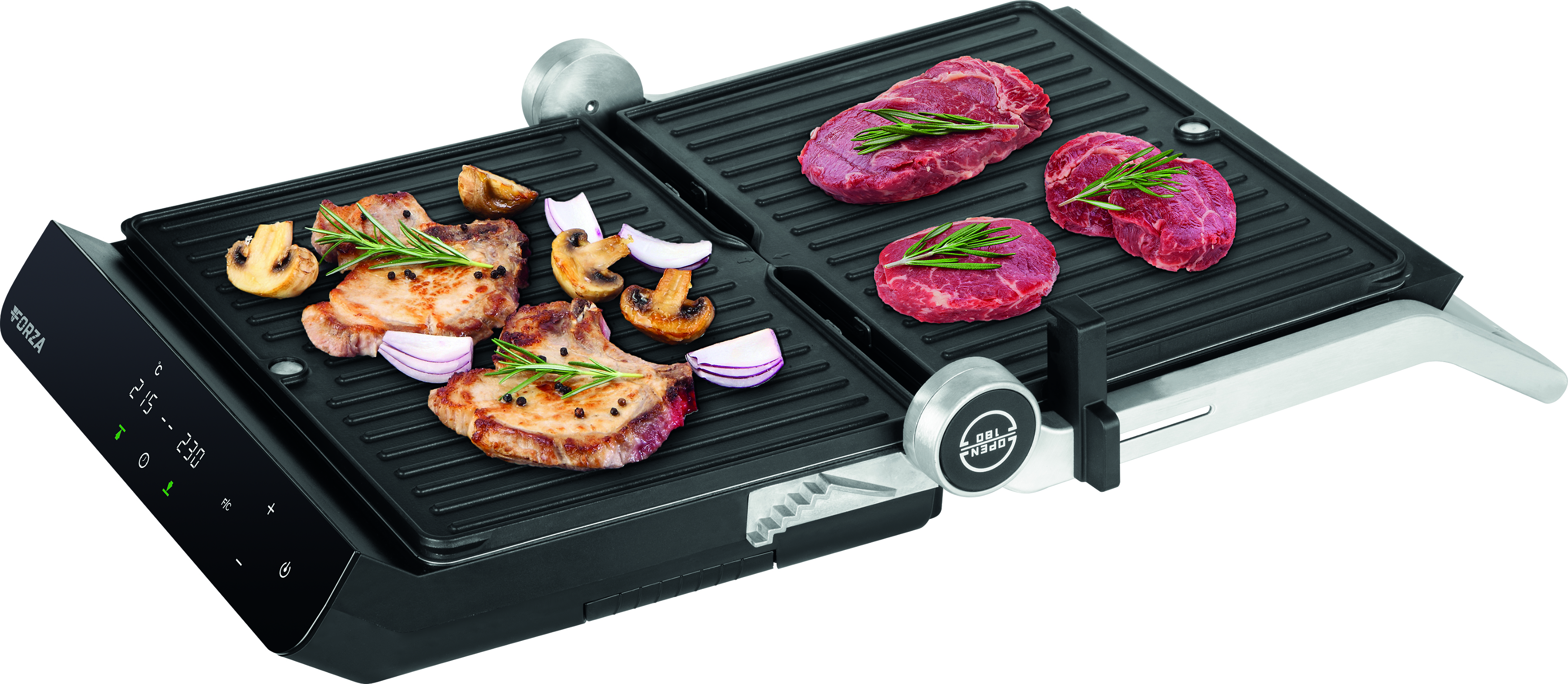 Ein offener Elektrogrill mit Steaks, Schweinekoteletts und Gemüse, das darauf brät.