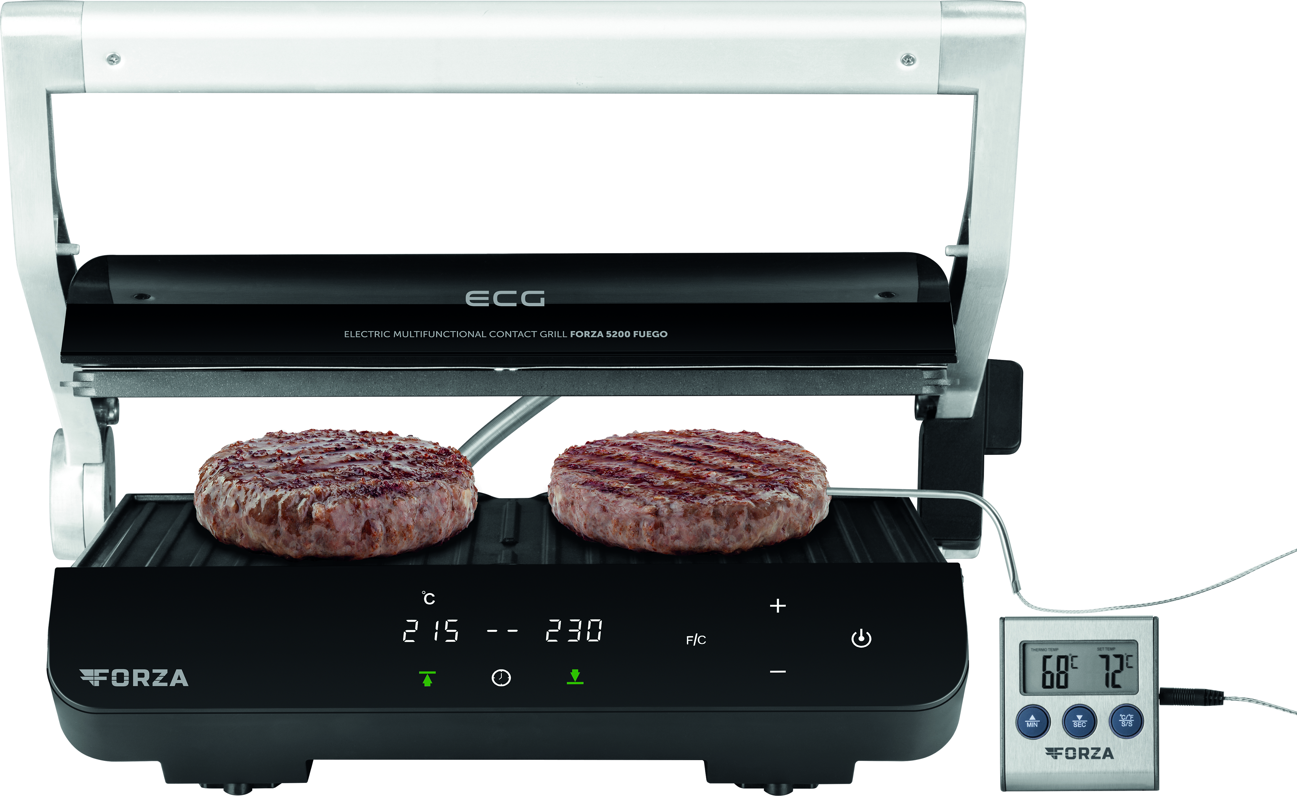 Griglia elettrica con hamburger sulla griglia e un termometro.