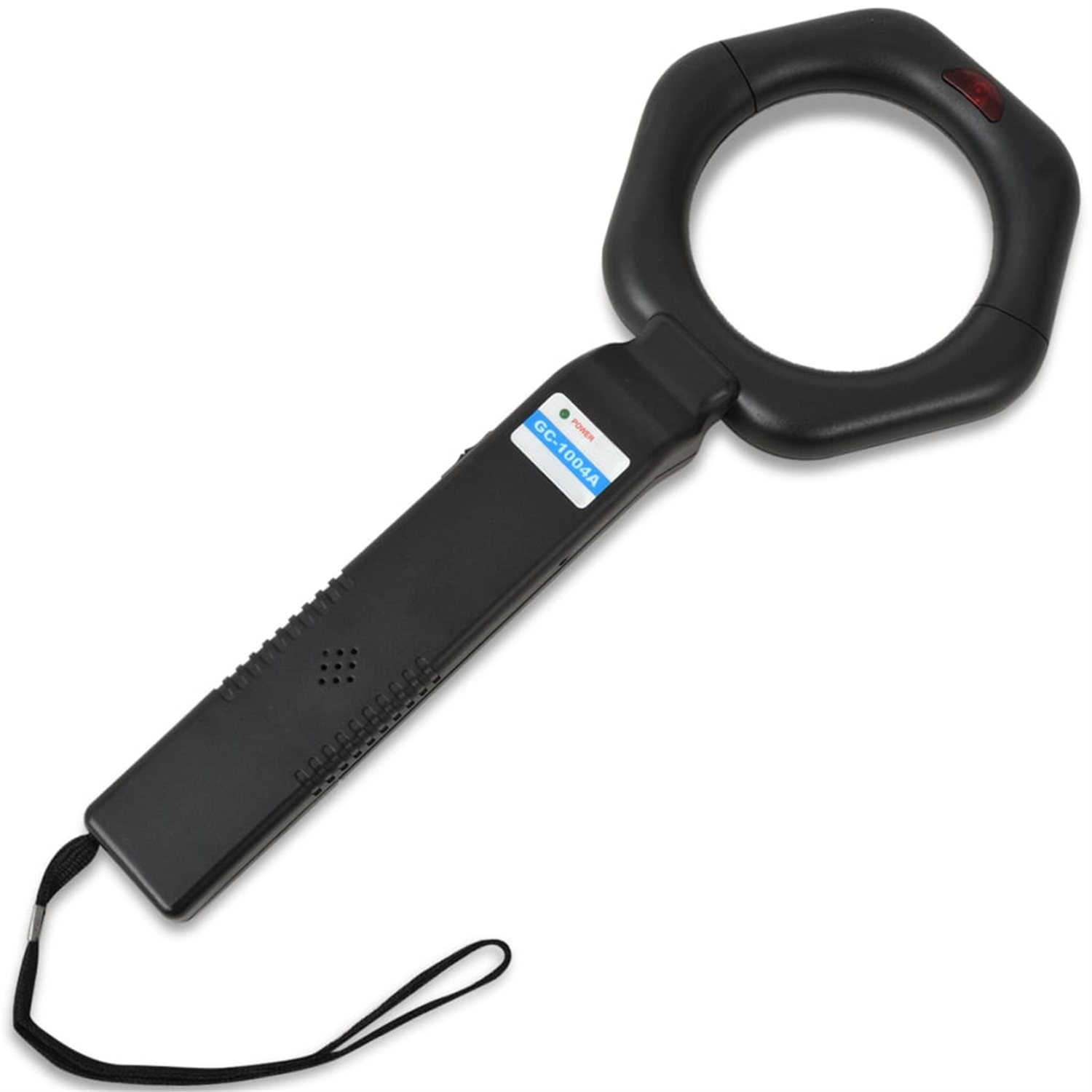 Schwarzer Metalldetektor mit Griff und Ring. Er hat ein Etikett mit GC-1004A.