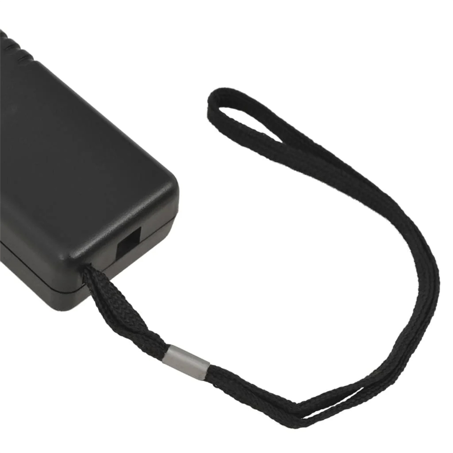 Schwarzes Telefonzubehör mit schwarzem Riemen, der Riemen ist geschlungen und hat einen Metallschieber.