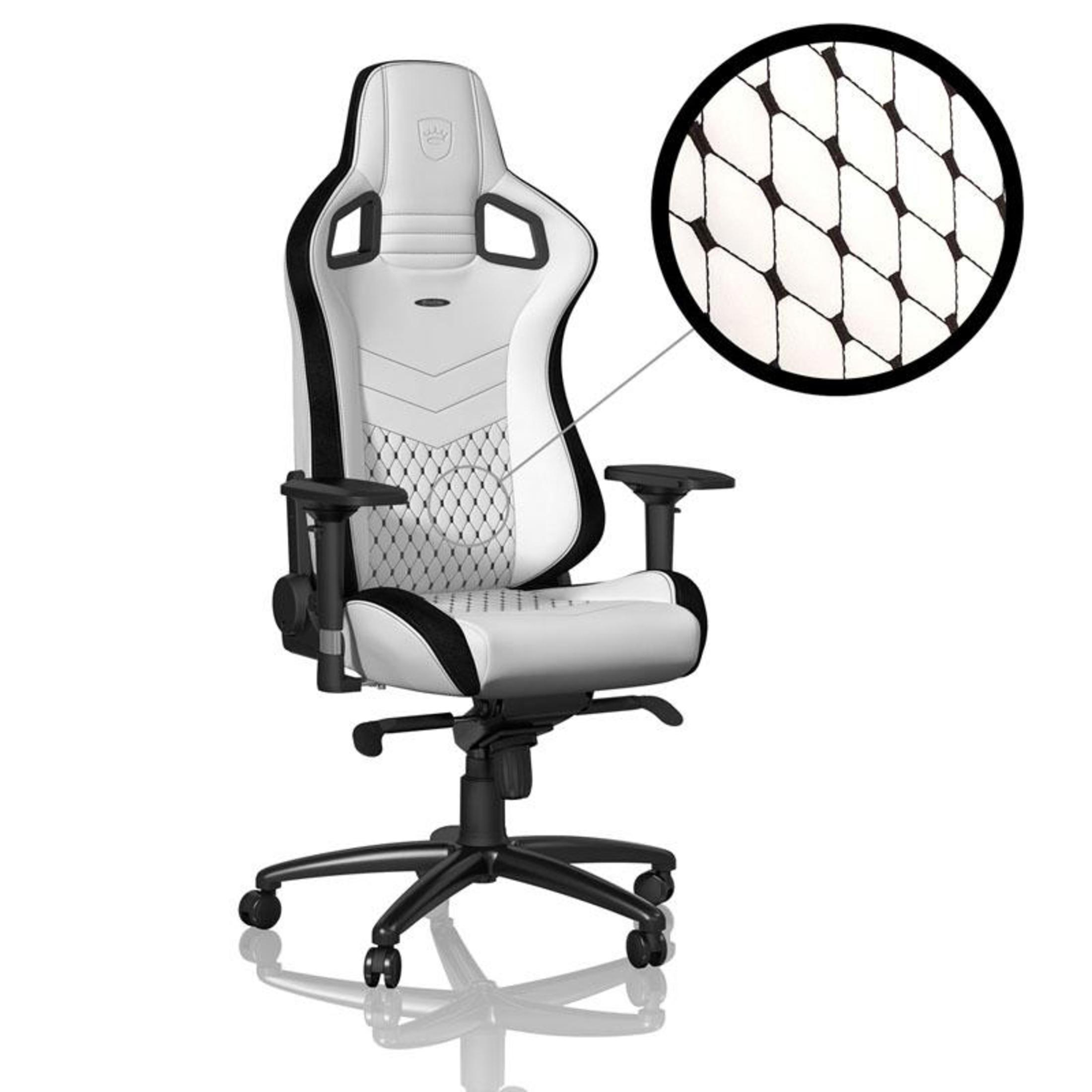 Weißer Gaming-Stuhl mit schwarzen Akzenten und ein Detail des Stoffes des Stuhls im Kreis.