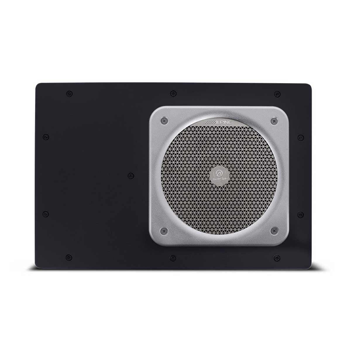Eine schwarze Box mit einem silbernen Lautsprecher und mehreren Schrauben.