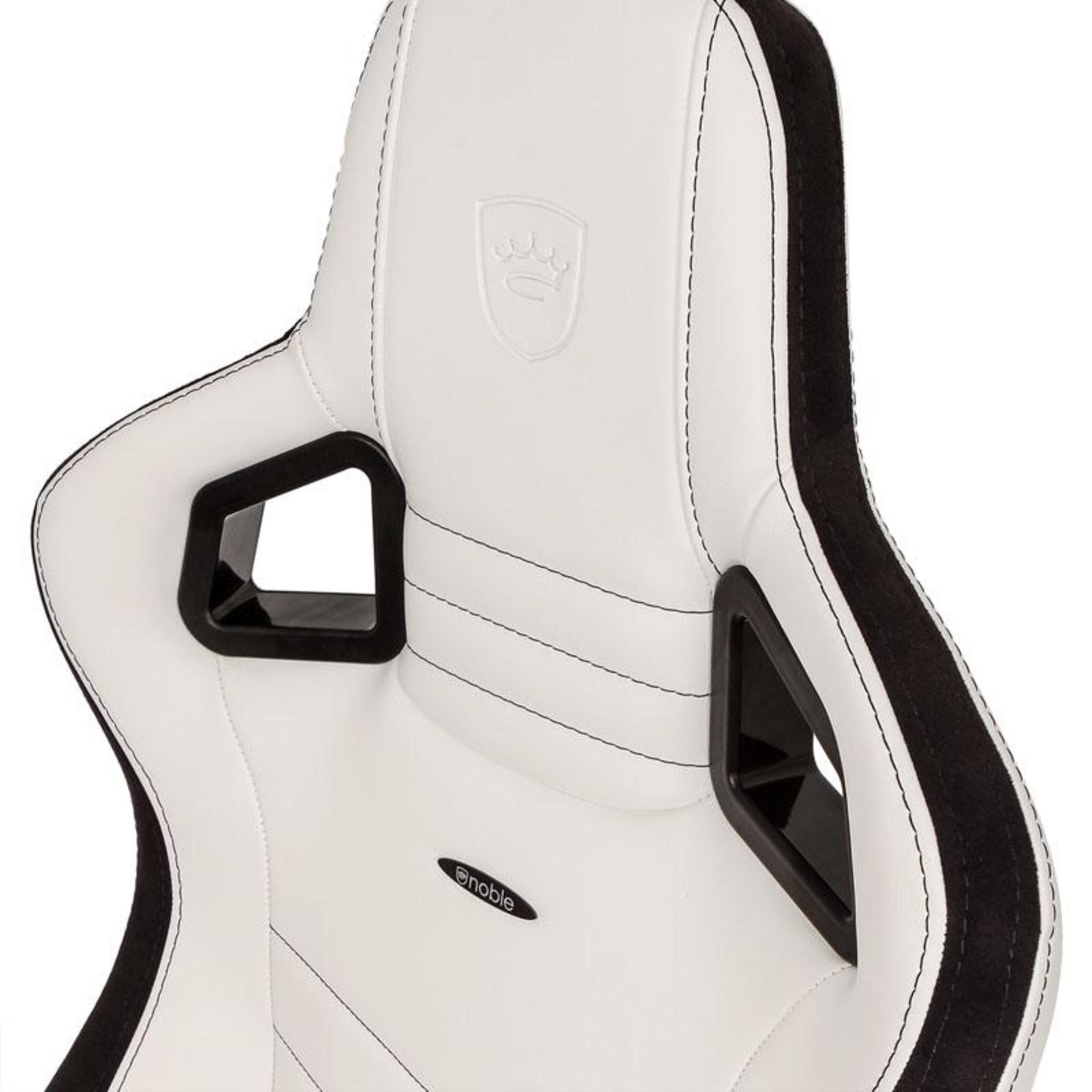 Weiße Gaming-Stuhl-Kopfstütze mit schwarzen Akzenten und dem noblechairs-Logo.