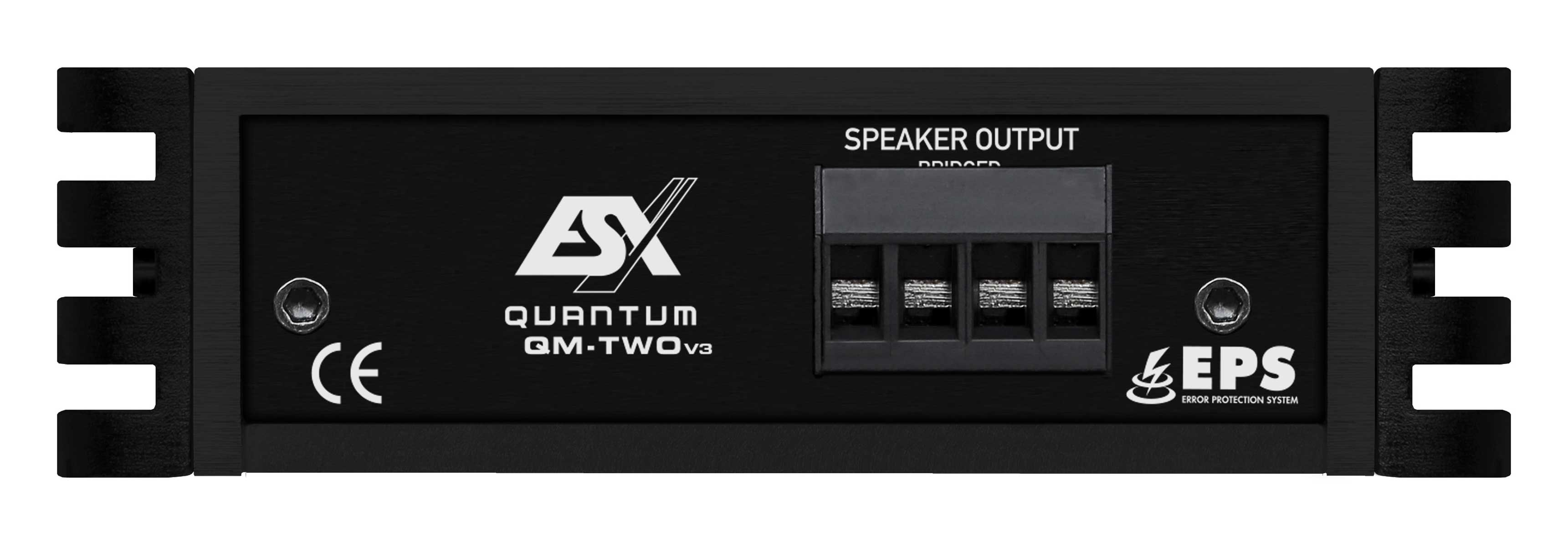 Schwarze Rückseite eines elektronischen Geräts mit Text, Lautsprecherausgang und Anschlüssen.