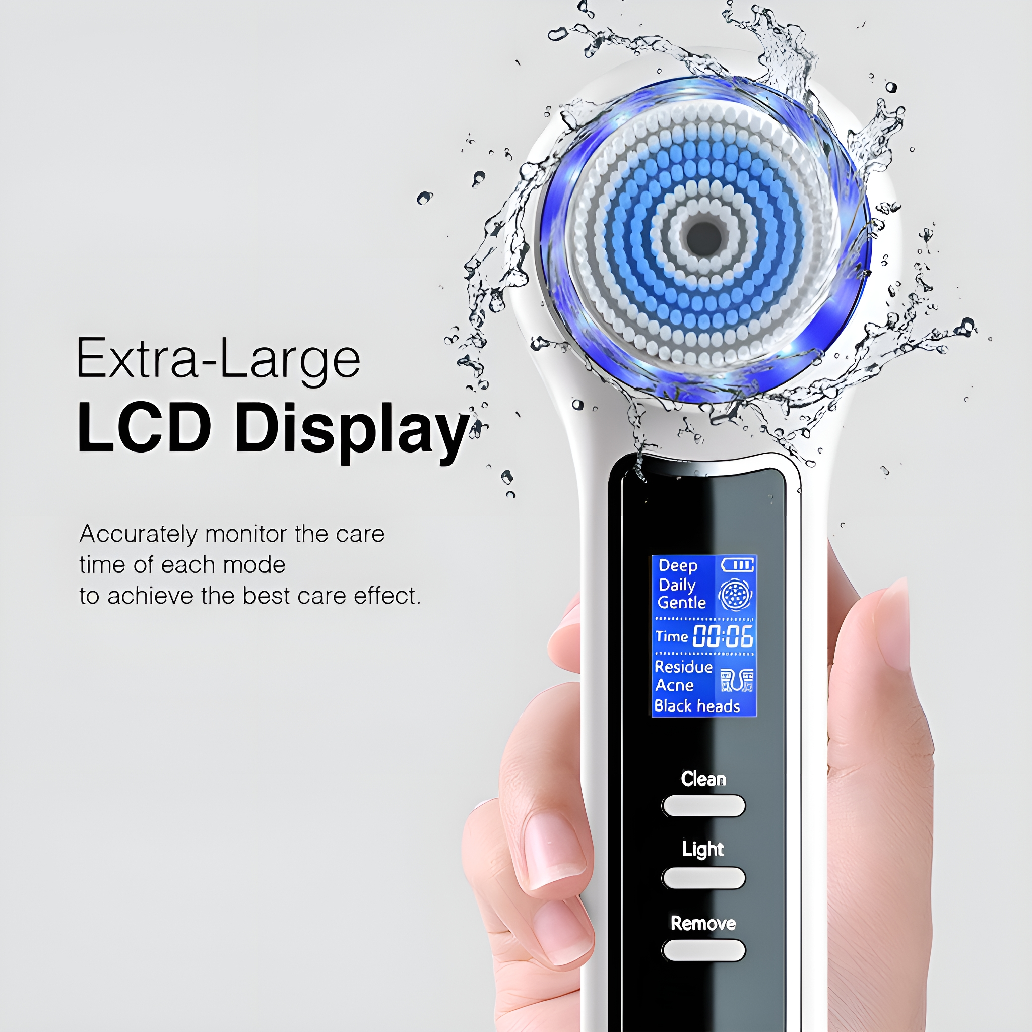 Weißes Gesichtsreinigungsgerät mit blauem Licht und LCD-Display.