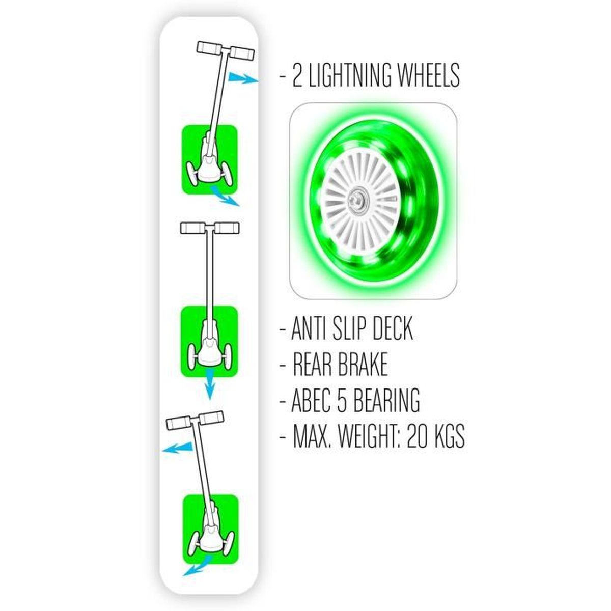 Diagramma di uno scooter con ruote verdi che si illuminano. Testo: piattaforma antiscivolo, freno posteriore, cuscinetto ABEC 5.