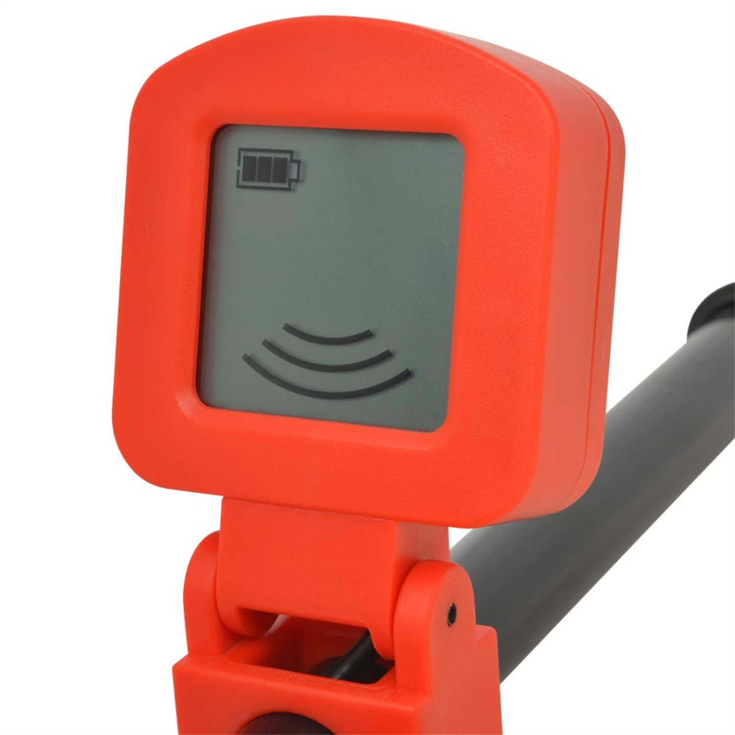 Ein orangefarbener Metalldetektorschirm mit Batteriesymbol und gekrümmten Linien, an einem schwarzen Arm.