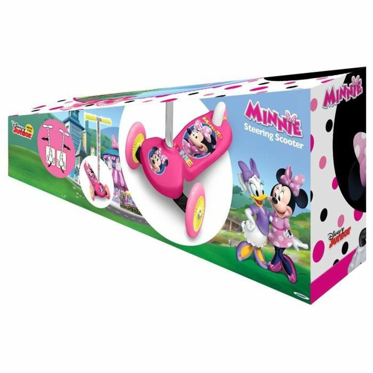 Una scatola per scooter rosa di Minnie Mouse con immagini di Minnie e Daisy Duck, con un modello di scooter.