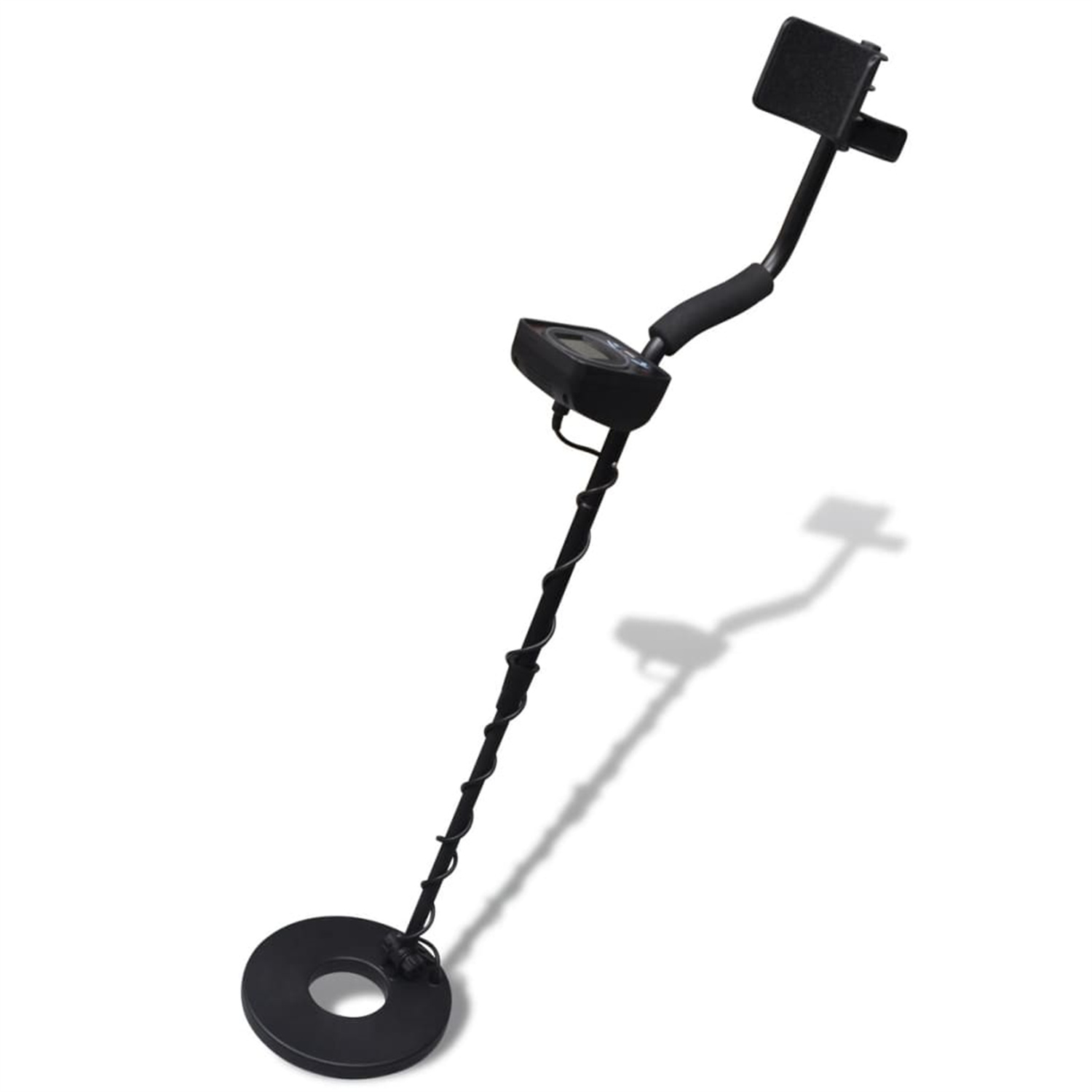 Schwarzer Metalldetektor mit Spule, Griff und Display, wirft einen Schatten.