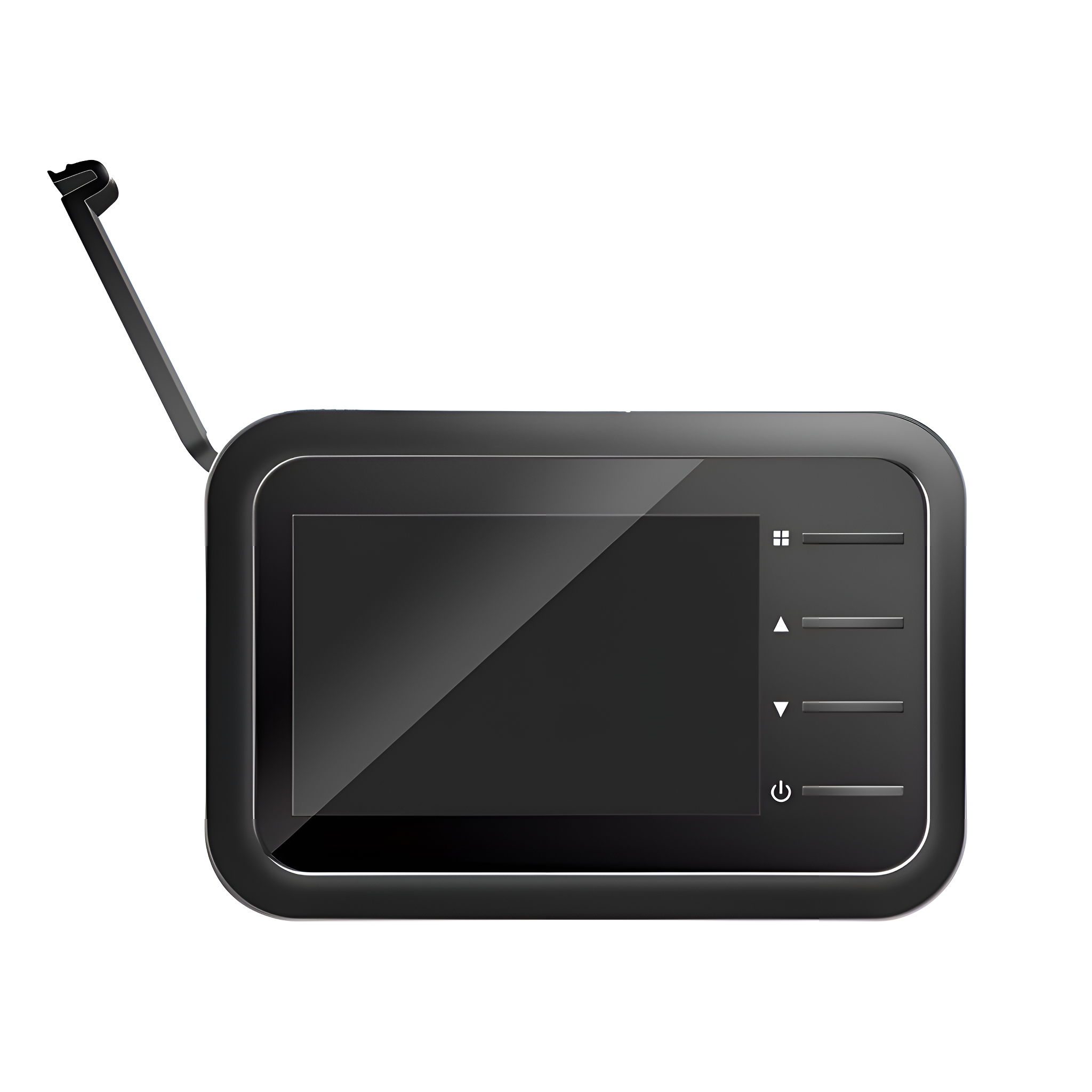 Schwarzes rechteckiges Gerät mit Bildschirm und Bedientasten.
