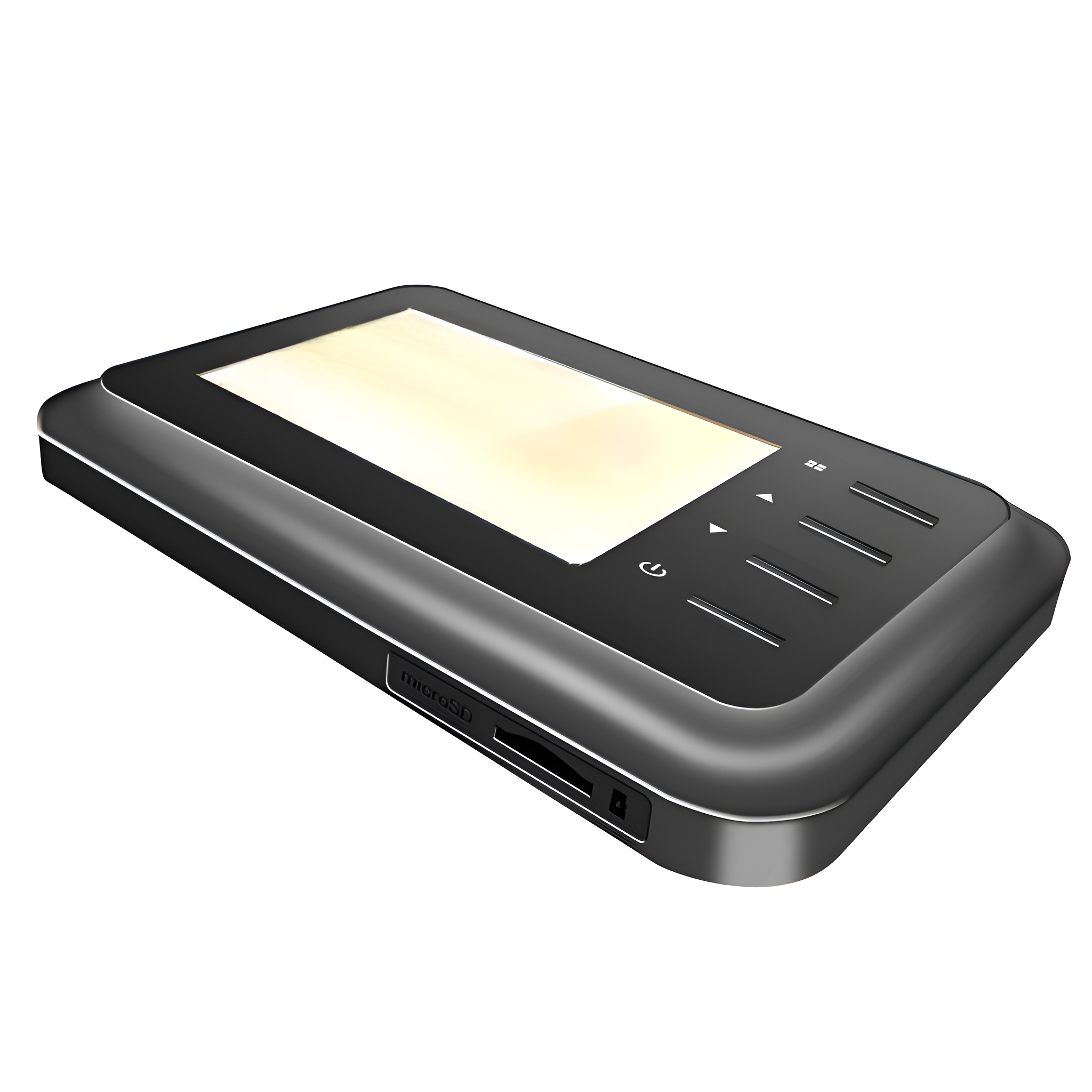 Ein schwarzes digitales Gerät mit Bildschirm und Tasten, mit einem MicroSD-Steckplatz.