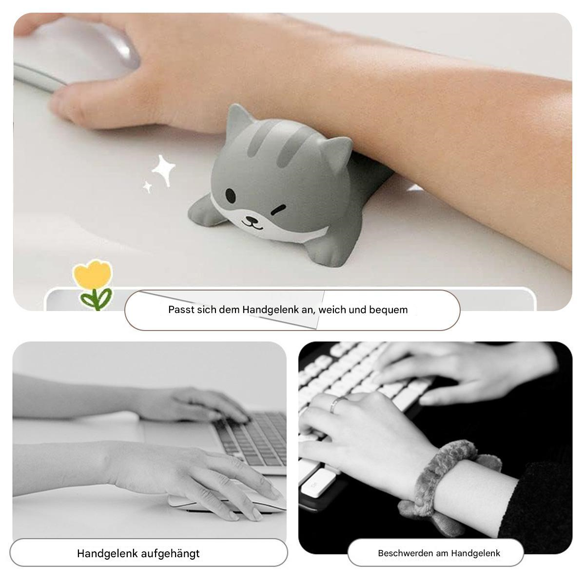 Graue Katzen-Handgelenkauflage auf weißem Tisch mit Hand. S/W-Fotos zeigen die Verwendung.