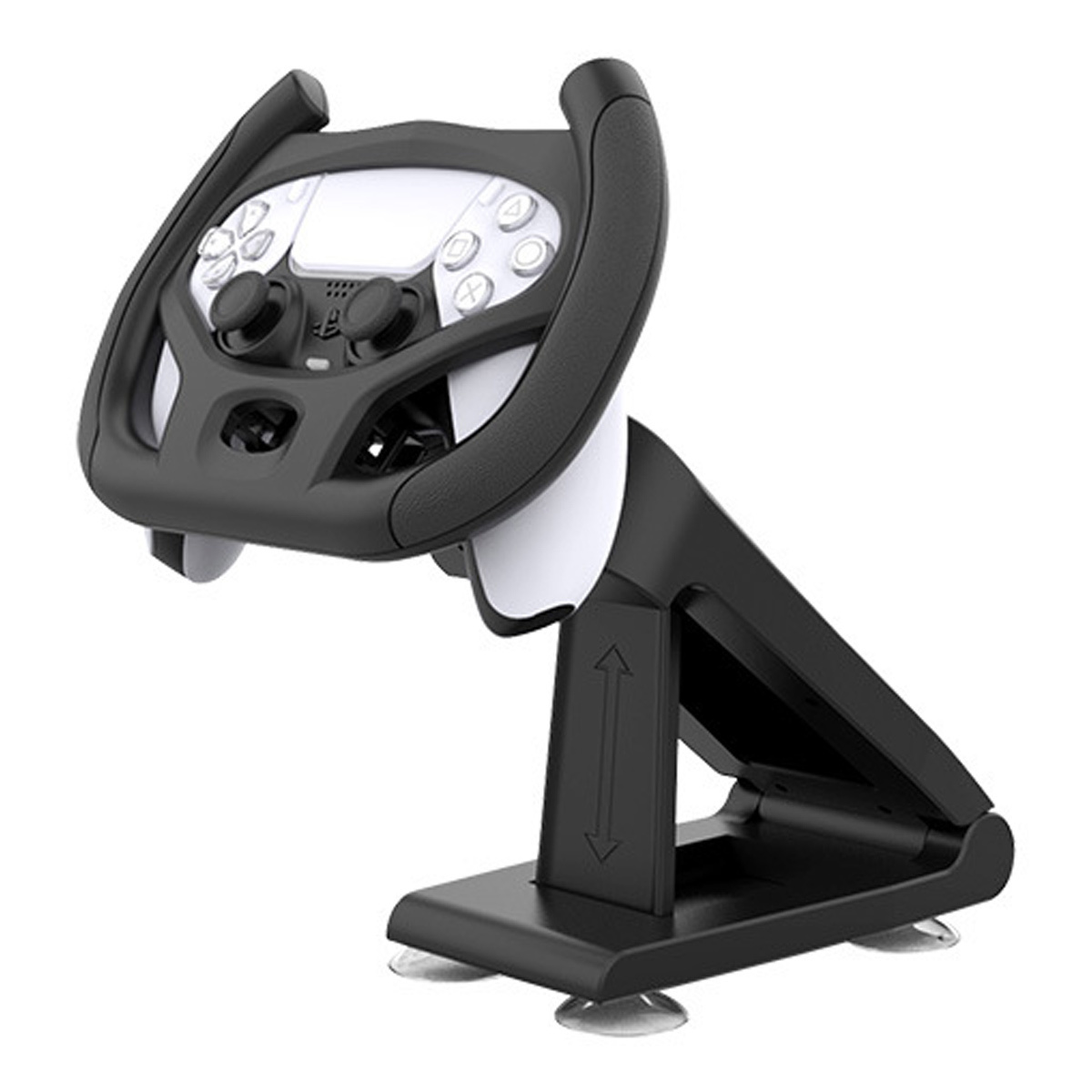 Schwarz-weißer Lenkrad-Controller für eine Spielekonsole, montiert auf einem Ständer.