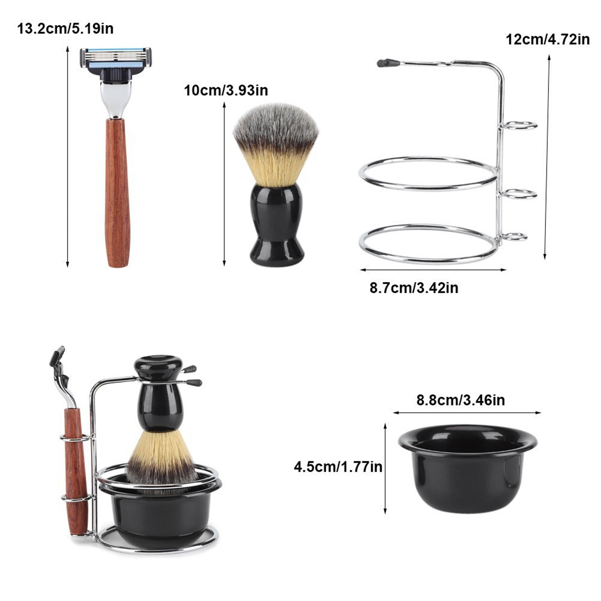 Rasier-Set mit Rasierer, Bürste, Ständer und Schale, mit Maßangaben auf weißem Hintergrund.