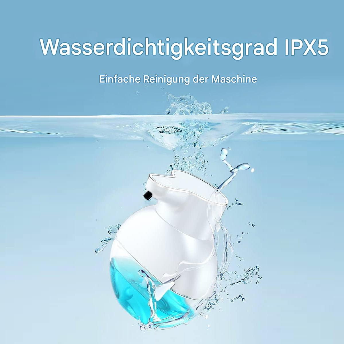 Automatischer Seifenspender mit Wasserspritzern. Blaue Flüssigkeit, weißer Spender.