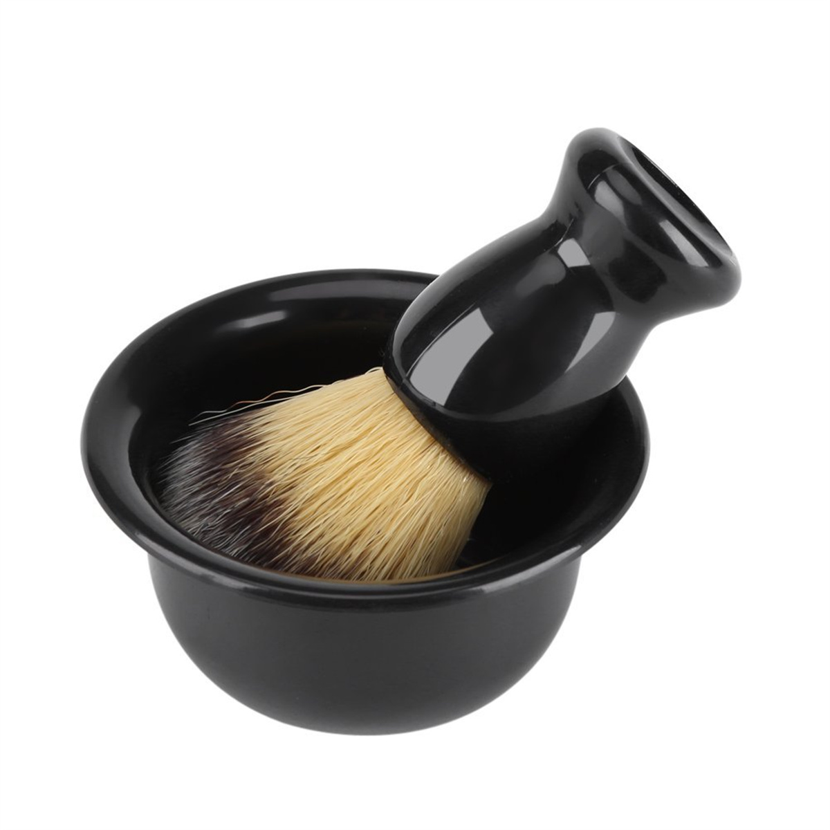 Schwarze Rasurschale mit schwarzem Griffpinsel. Der Pinsel hat helle und dunkle Borsten.