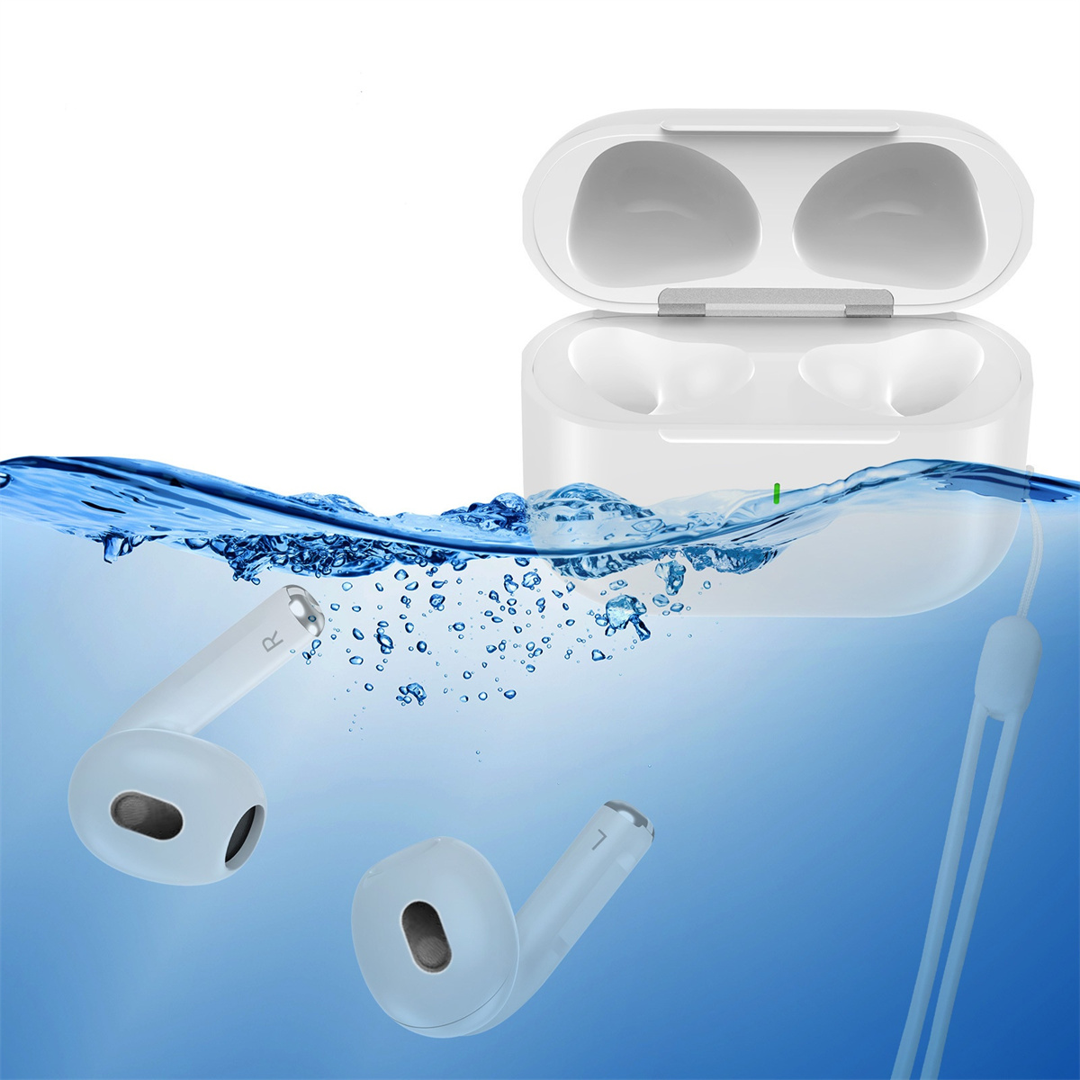 Weiße Ohrhörer und ihr Ladecase sind in blauem Wasser untergetaucht. Die Ohrhörer schwimmen.