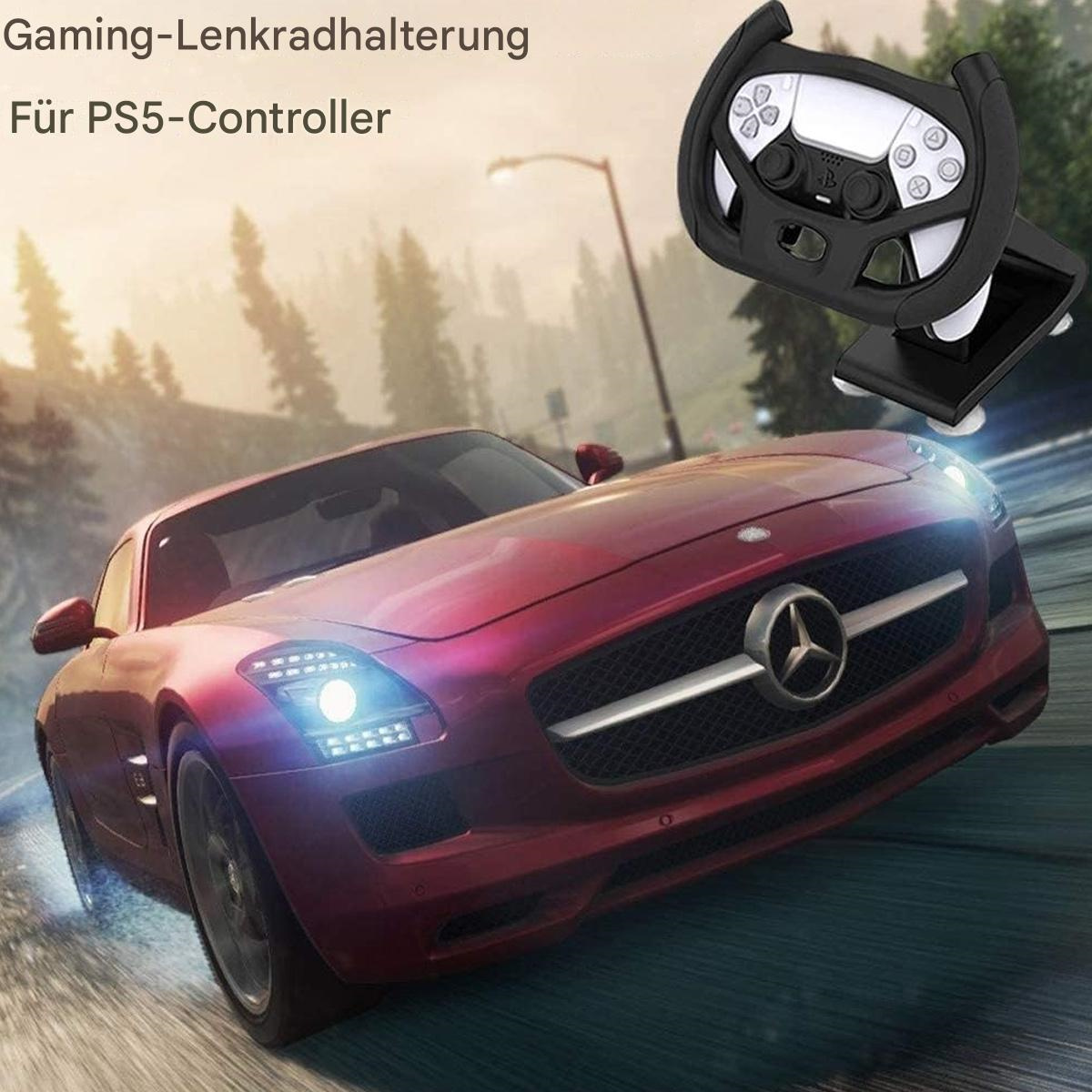 Ein roter Mercedes-Benz mit Gaming-Lenkradhalter und Controller auf weißem Hintergrund.