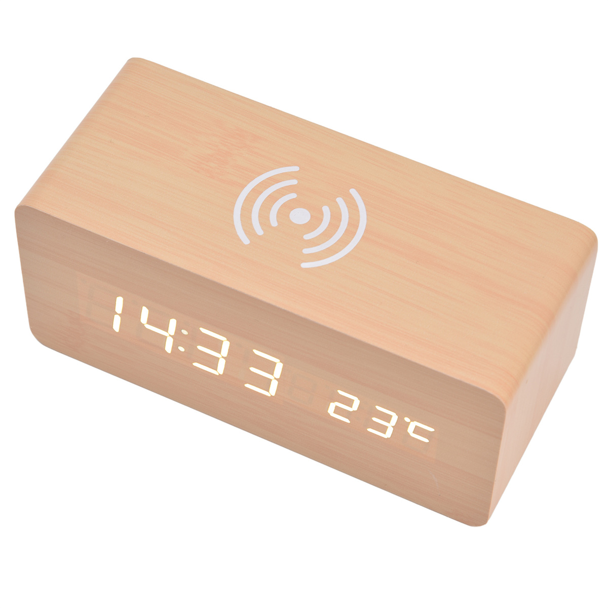 Eine Uhr im Holz-Look, die 14:33 und 23C anzeigt. Oben befindet sich ein drahtloses Ladesymbol.