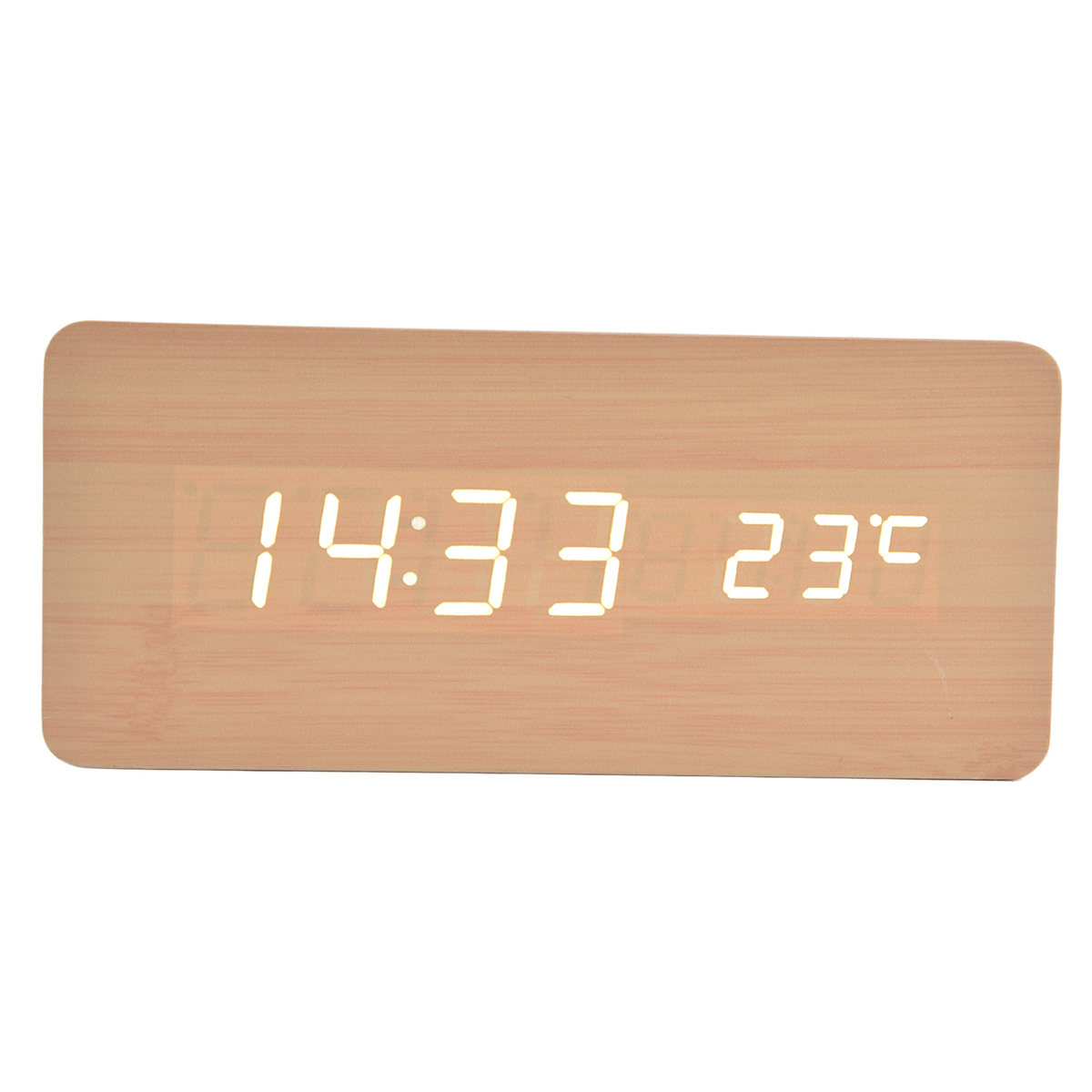 Rechteckige Holzuhr mit Anzeige 14:33 und 23°C. Weiße Zahlen, heller Hintergrund.