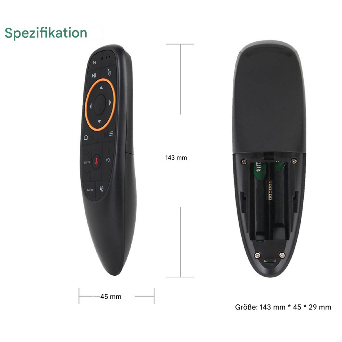 Schwarze Fernbedienung mit orangefarbenem Ring um die Richtungstasten. Maße: 143mm x 45mm x 29mm. Batteriefach offen.