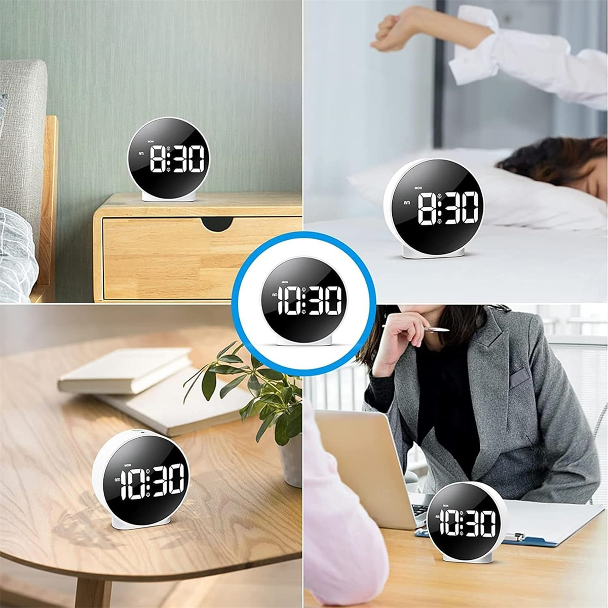 Uhr zeigt 8:30 Uhr. Szenen variieren: Nachttisch, Bett, Tisch mit Pflanze und Schreibtisch. Alle zeigen die gleiche Uhr.