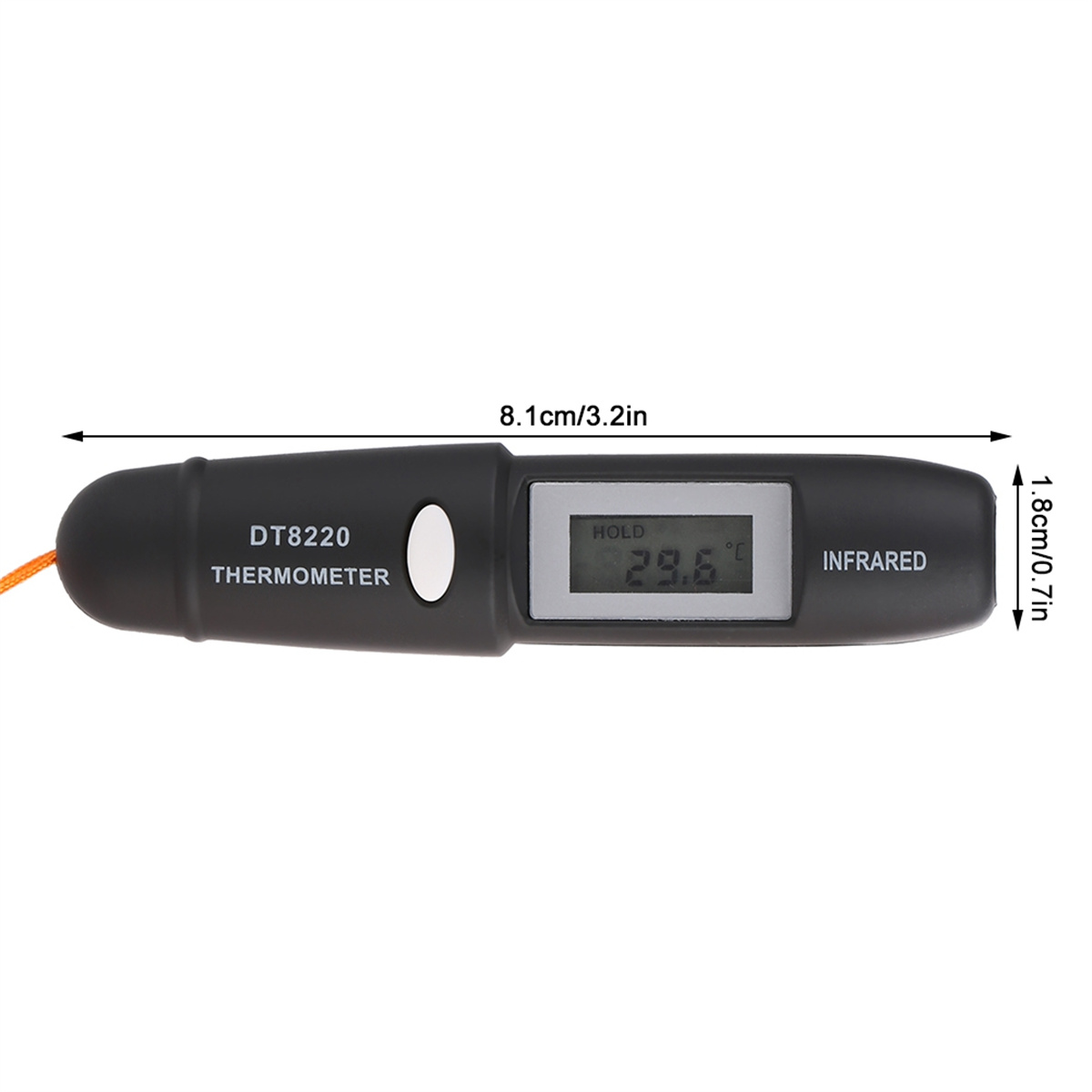 Schwarzes DT8220 Thermometer mit Anzeige 29,6, mit beschrifteten Maßen.