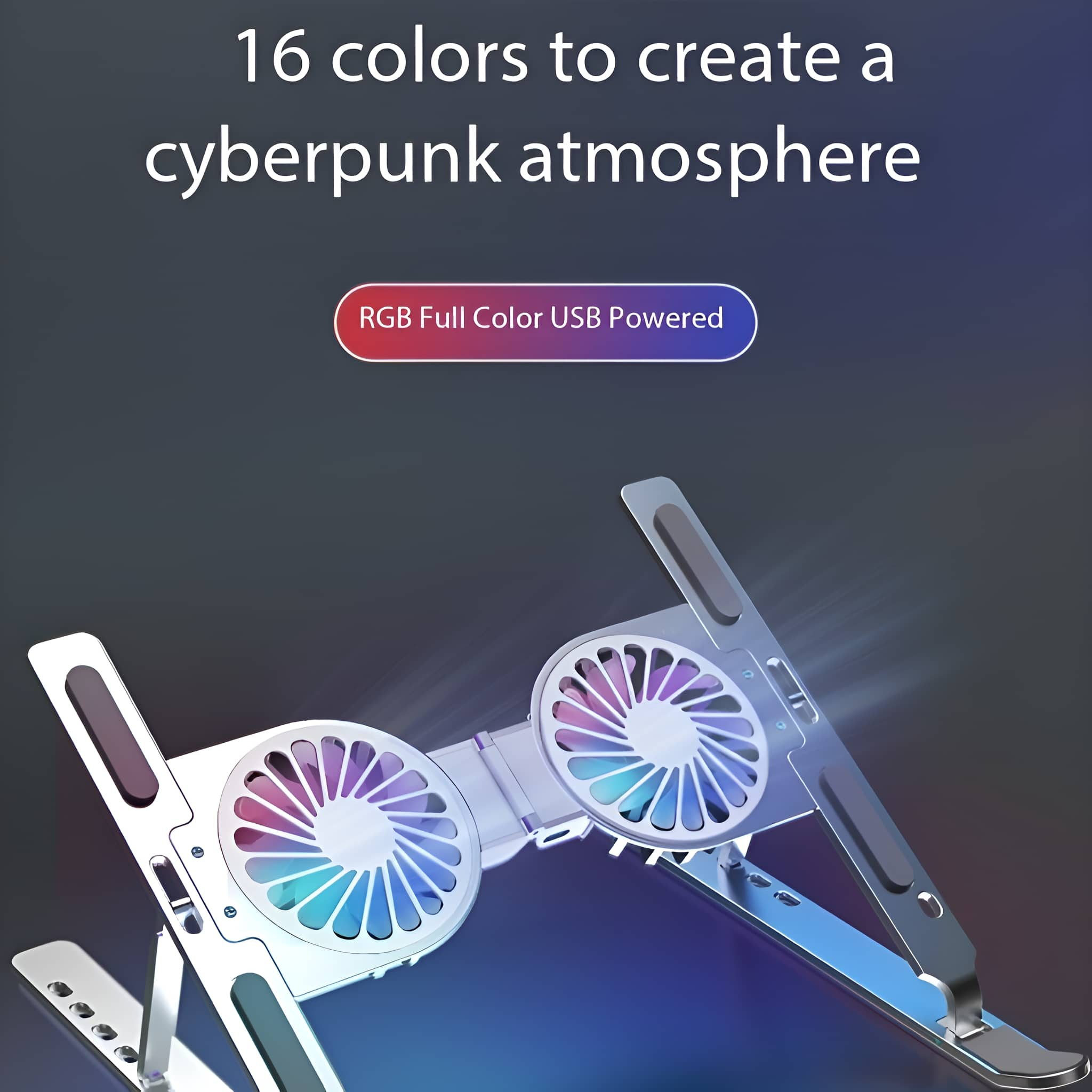 Laptopständer mit Lüftern, beleuchtet mit RGB-Farben. Es ist auf dunklem Hintergrund.