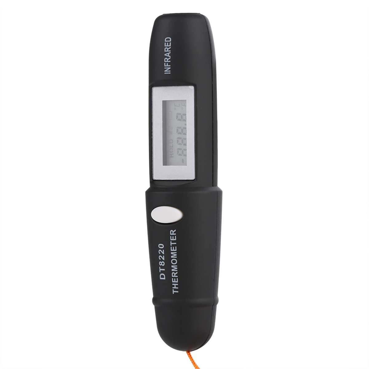 Schwarzes Infrarot-Thermometer mit Digitalanzeige, weißer Taste und orangefarbenem Faden.