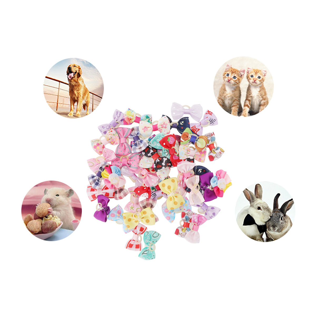 Verschiedene Haustiere und Accessoires: Hund, Katzen, Hamster, Kaninchen und bunte Haarschleifen in kreisförmiger Anordnung.
