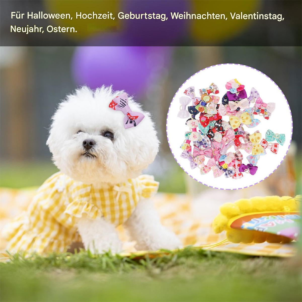 Ein kleiner weißer Hund mit gelbem Kleid neben einem Haufen bunter Schleifen für Haustiere.