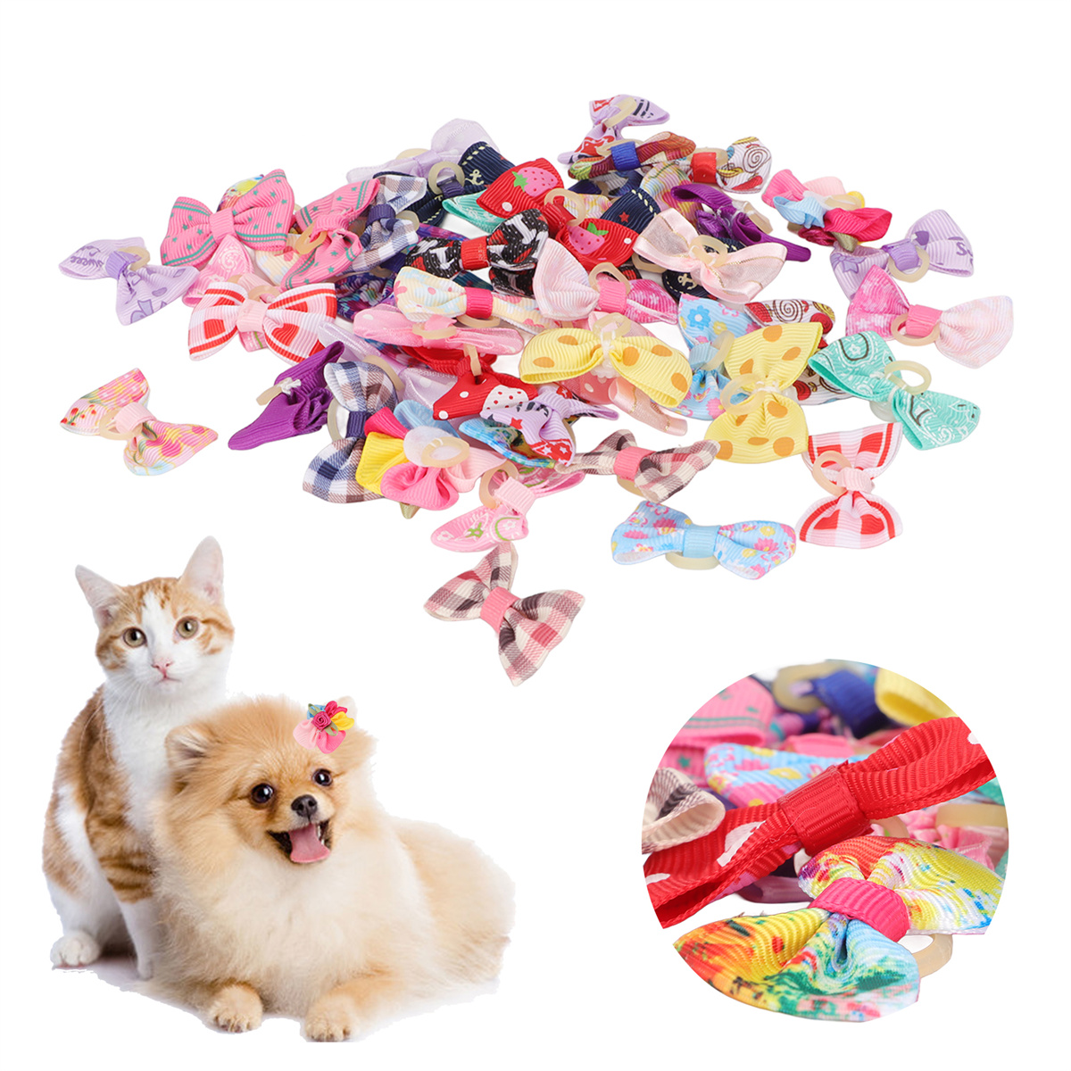 Eine Katze und ein Hund mit Haarschleifen, umgeben von vielen bunten Haarschleifen für Haustiere.