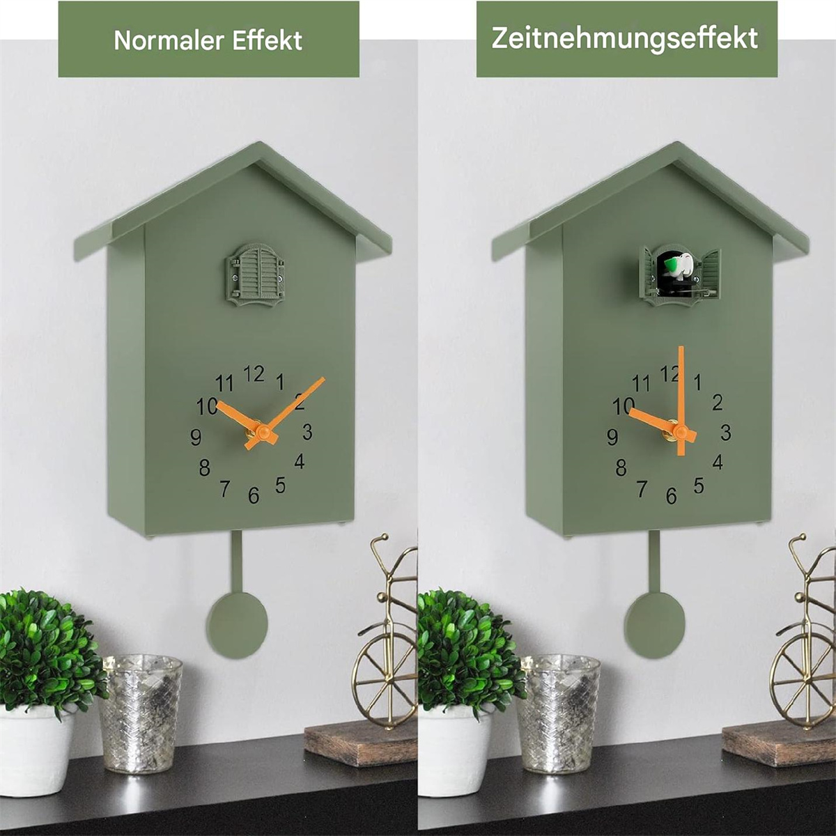 Zwei Kuckucksuhren; eine mit normalem Effekt, eine mit dem Kuckuck draußen. Grüne Häuser, orangefarbene Zeiger.