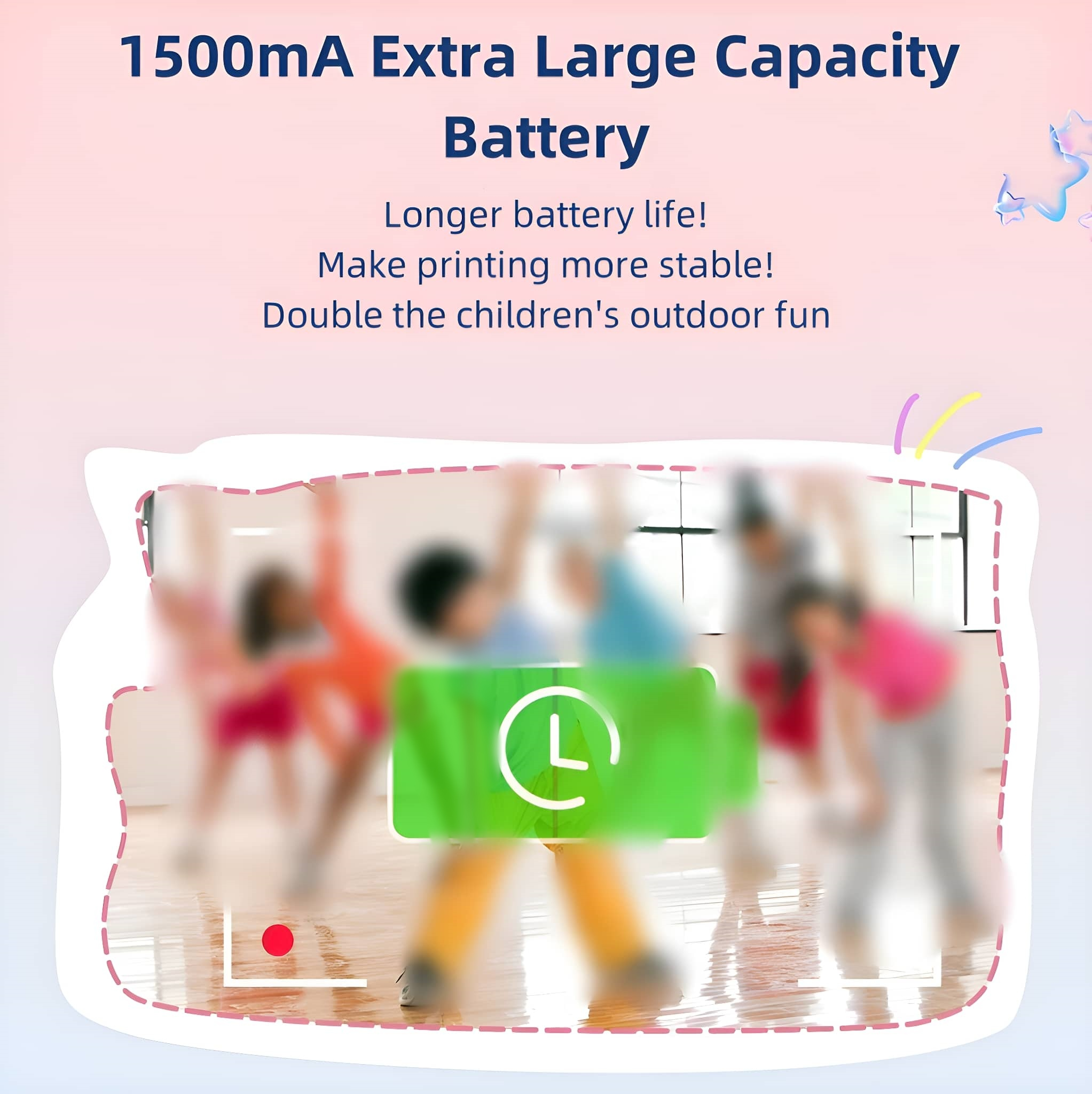 Bild mit Text über eine Batterie, das Kinder im Hintergrund zeigt, verschwommen und unscharf.