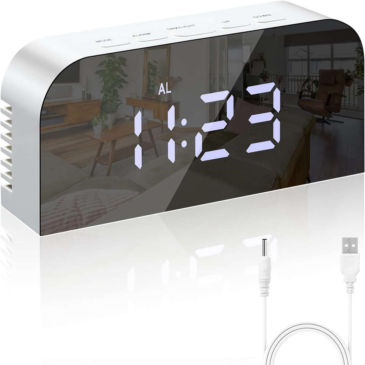 Weißer digitaler Wecker mit Spiegelanzeige, die die Zeit anzeigt. USB-Kabel enthalten.