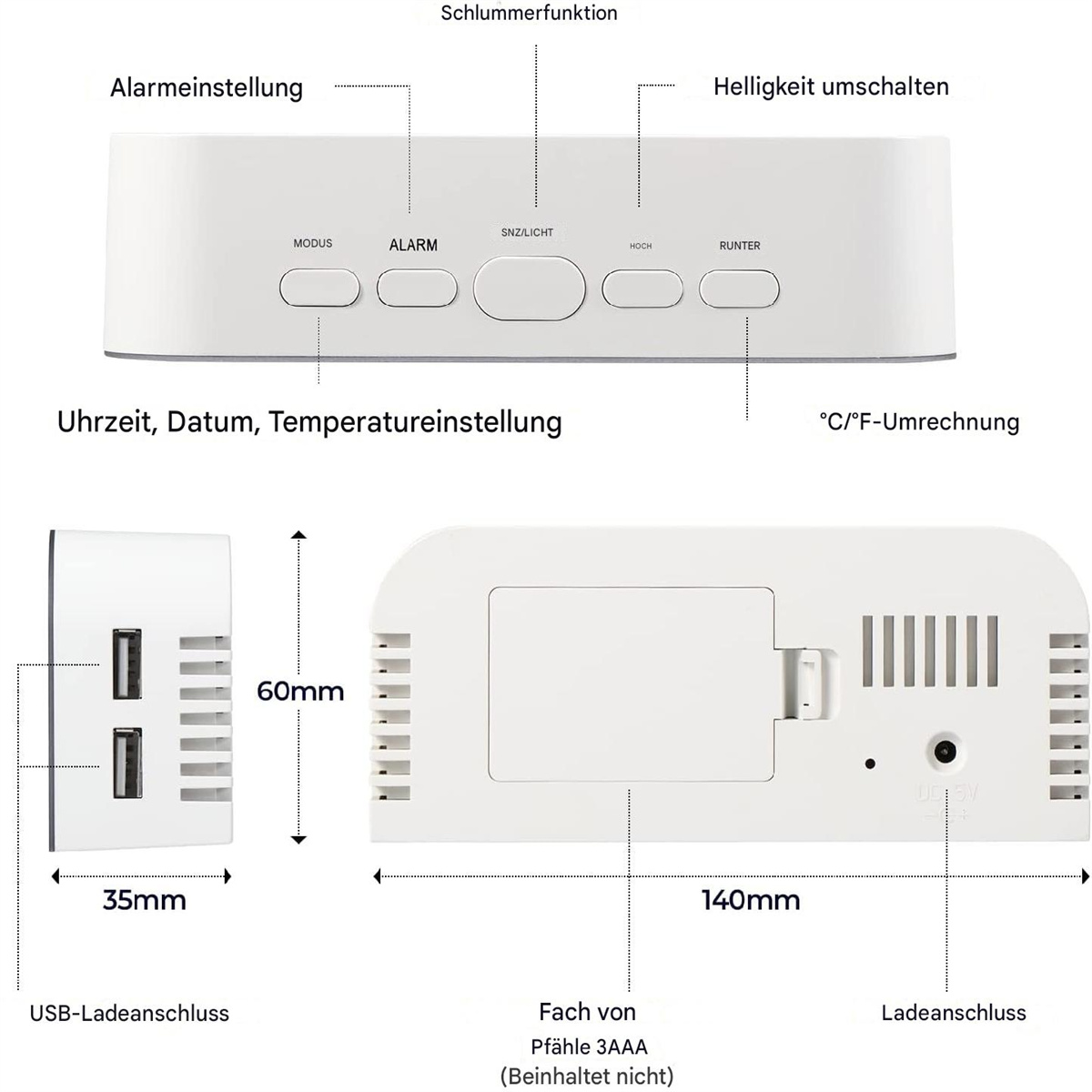 Ein weißer digitaler Wecker mit Beschriftungen und Abmessungen sowie eine Ansicht der Rückseite.