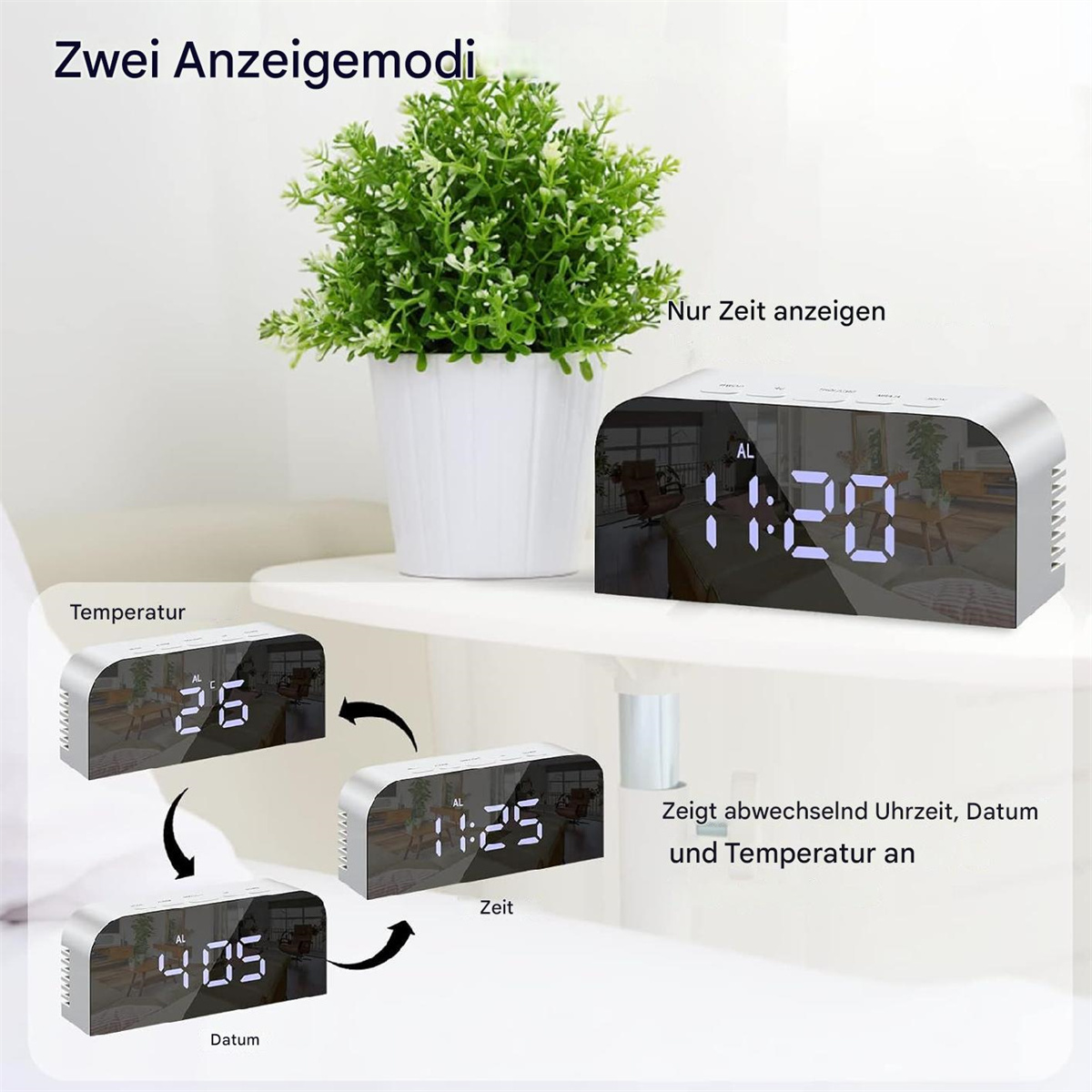 Ein digitaler Wecker mit einer Pflanze, der Zeit, Datum und Temperatur anzeigt.
