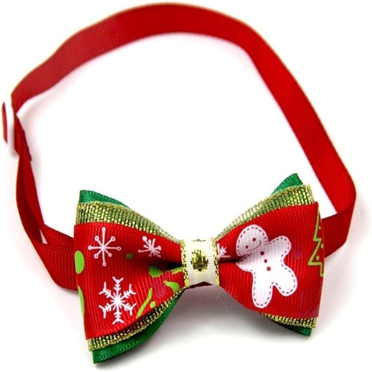 Rote Hunde-Fliege im Weihnachts-Design mit Schneeflocken, Lebkuchenmann und grünen Akzenten.