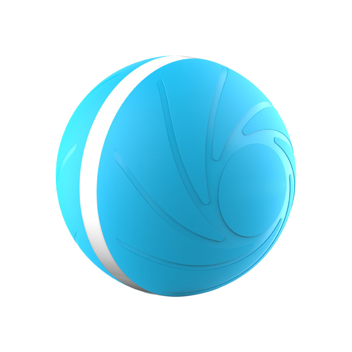 Ein blauer Ball mit weißem Streifen und gebogenen Linien auf der Oberfläche. Es ist eine Kugel auf weißem Hintergrund.