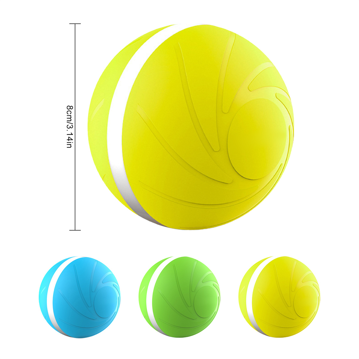 Drei Tennisbälle: Gelb, blau und grün, mit einem weißen Streifen darauf.