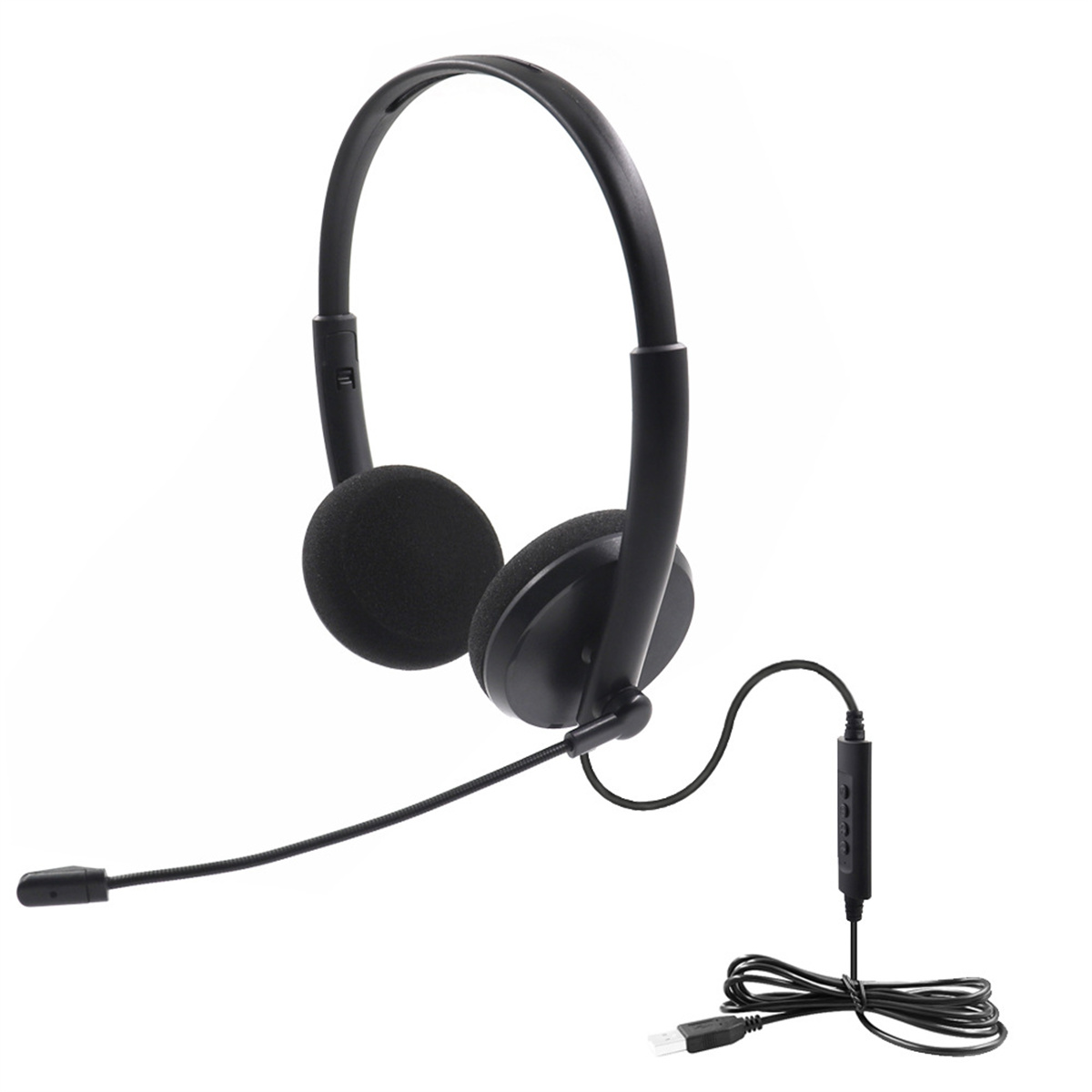 Schwarzes Headset mit Mikrofon und USB-Stecker. Die Ohrmuscheln sind rund und gepolstert.