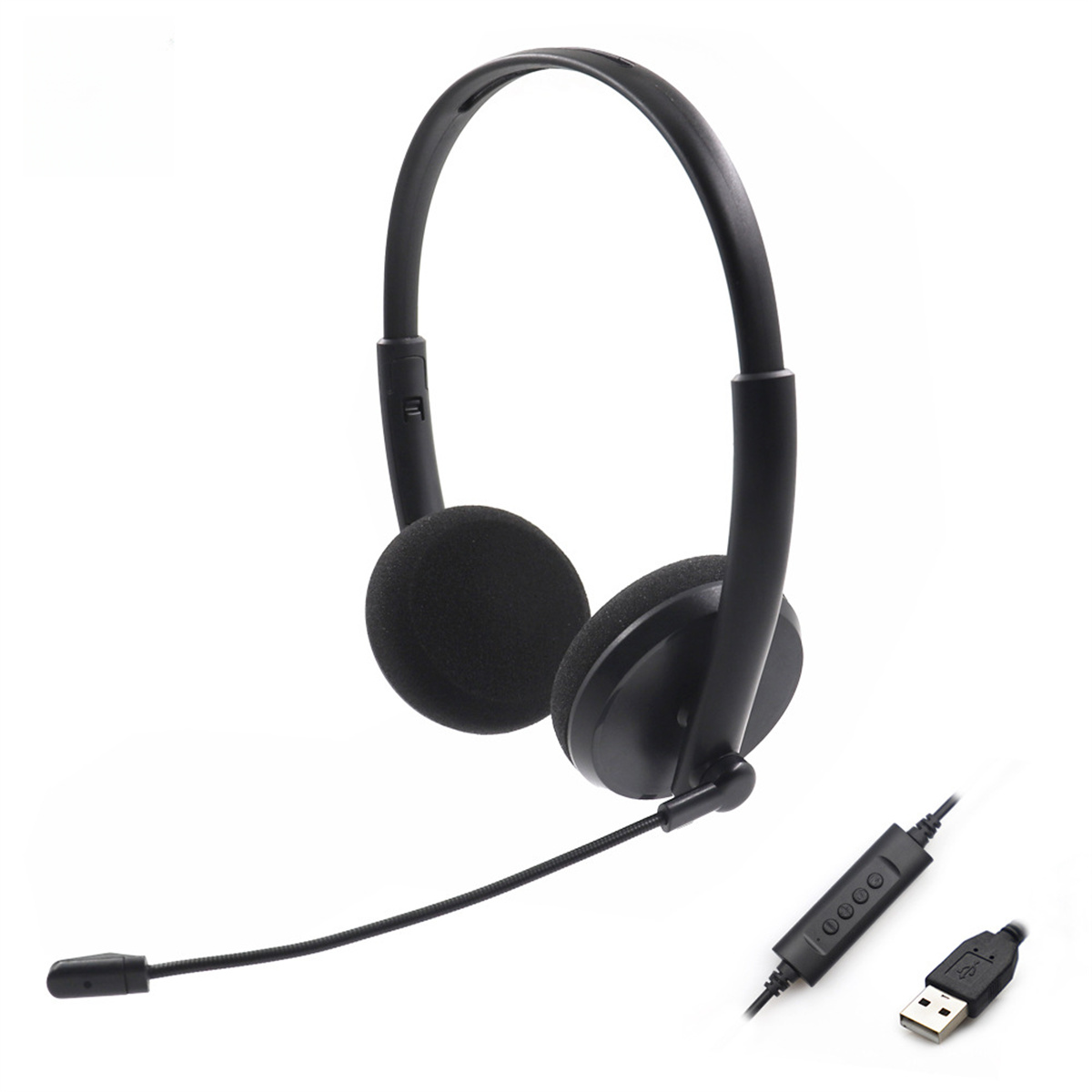 Schwarzes Headset mit Mikrofon und USB-Anschluss, freigestellt auf weißem Hintergrund.