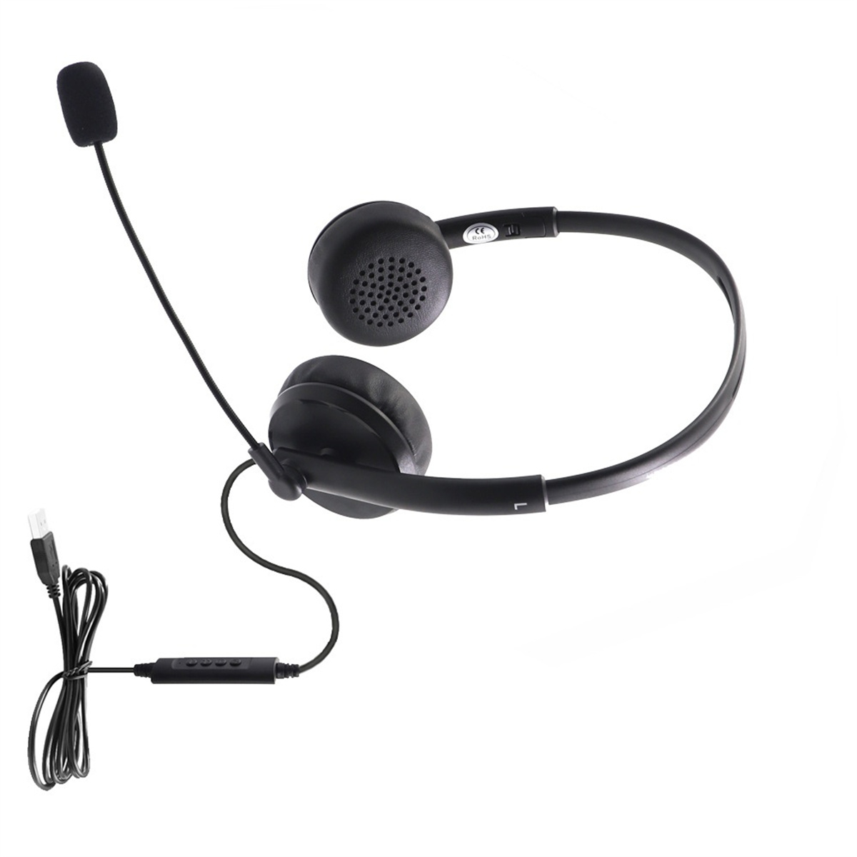 Schwarze Kopfhörer mit Mikrofon und USB-Kabel. Weißer Hintergrund.