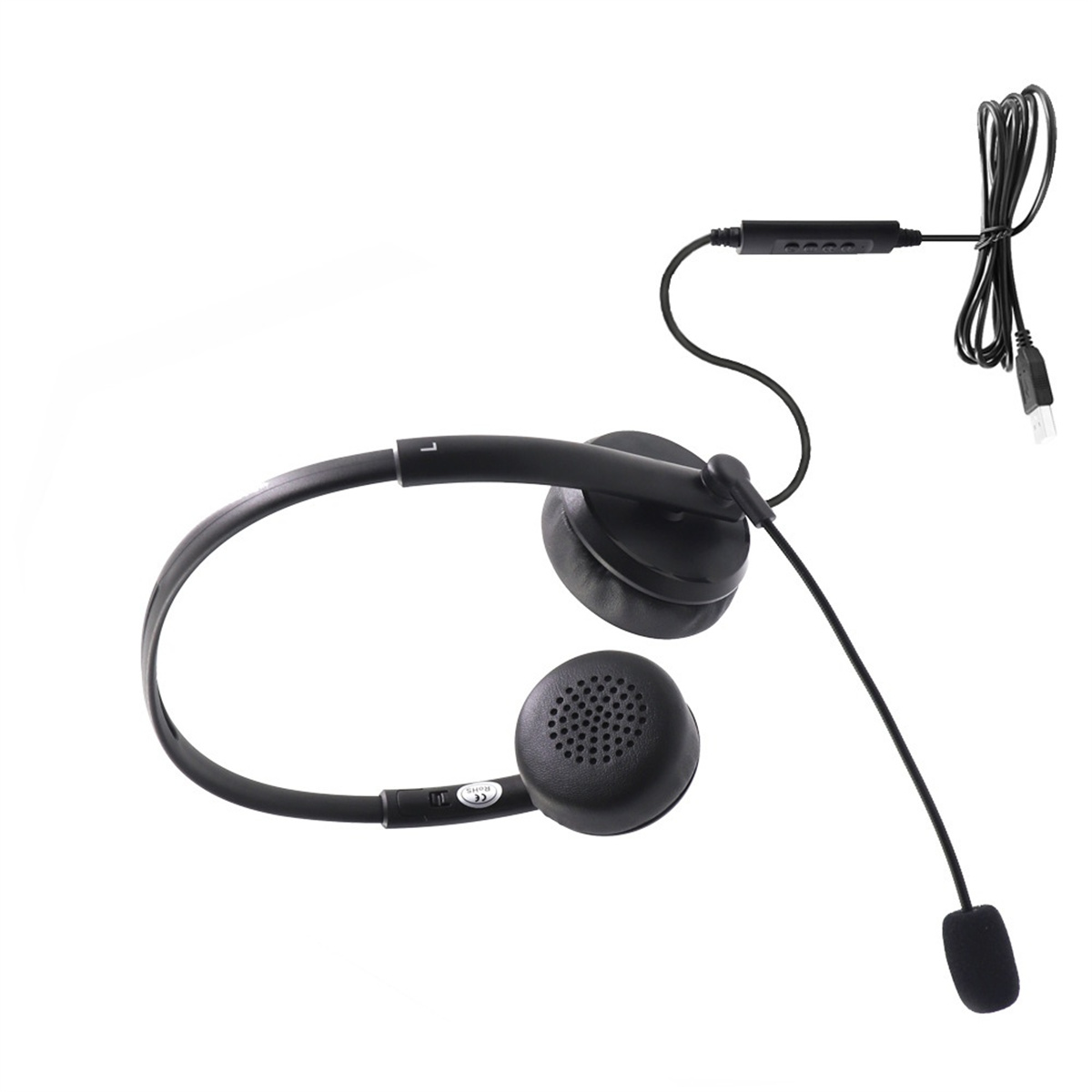 Schwarzes Headset mit Mikrofon und USB-Anschluss. Weißer Hintergrund.